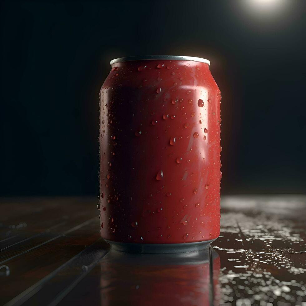 rojo soda lata con agua gotas en un de madera mesa. 3d representación foto