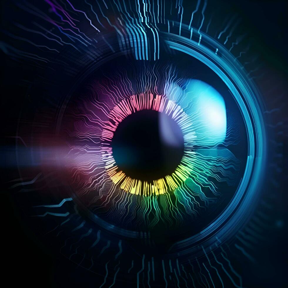 Abstract technology eye concept background. 3d rendering toned image double exposure photo