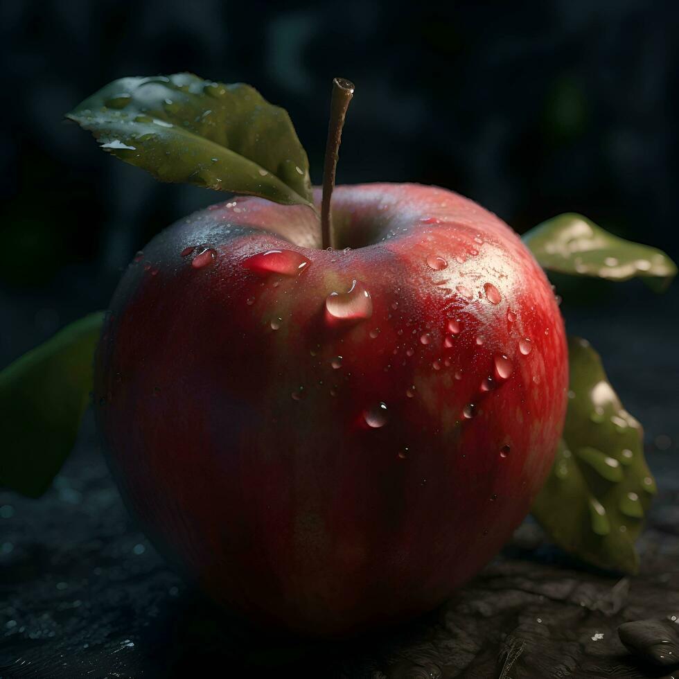 Red apple with water droplets on a dark background. Selective focus. photo