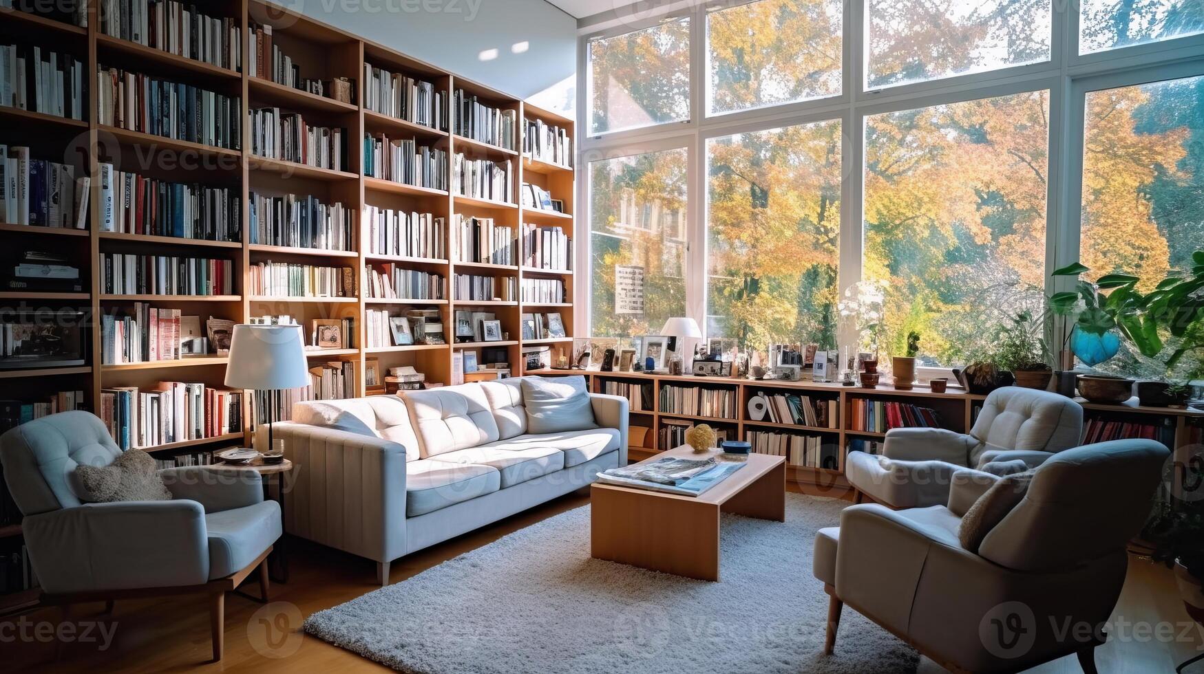 The library room of a beautiful bright modern style house. AI Generated. photo