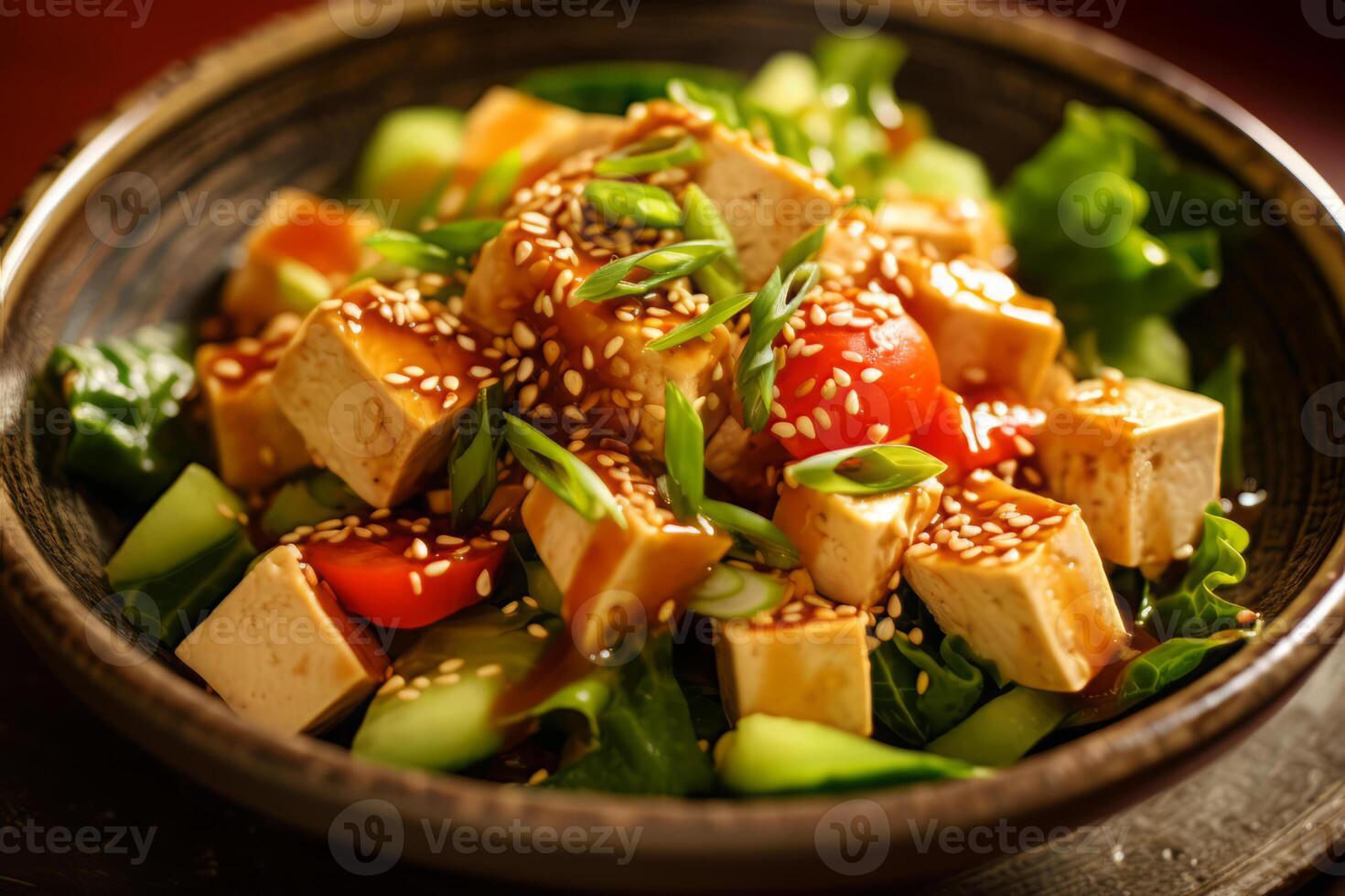 Close-up top view of ingredients Tofu Salad, Japanese food. . photo