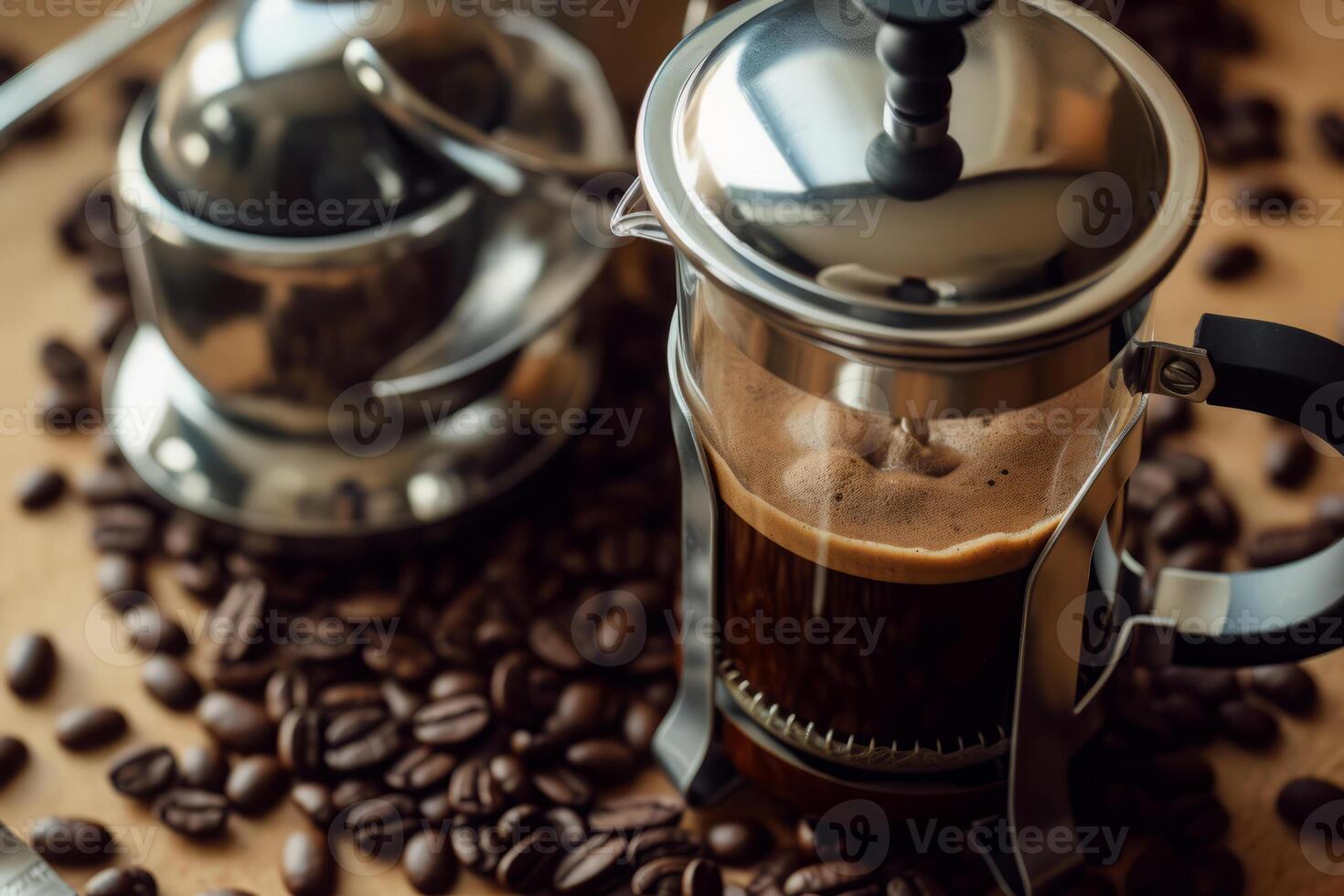 Close-up top view of ingredients French press, Coffee. . photo
