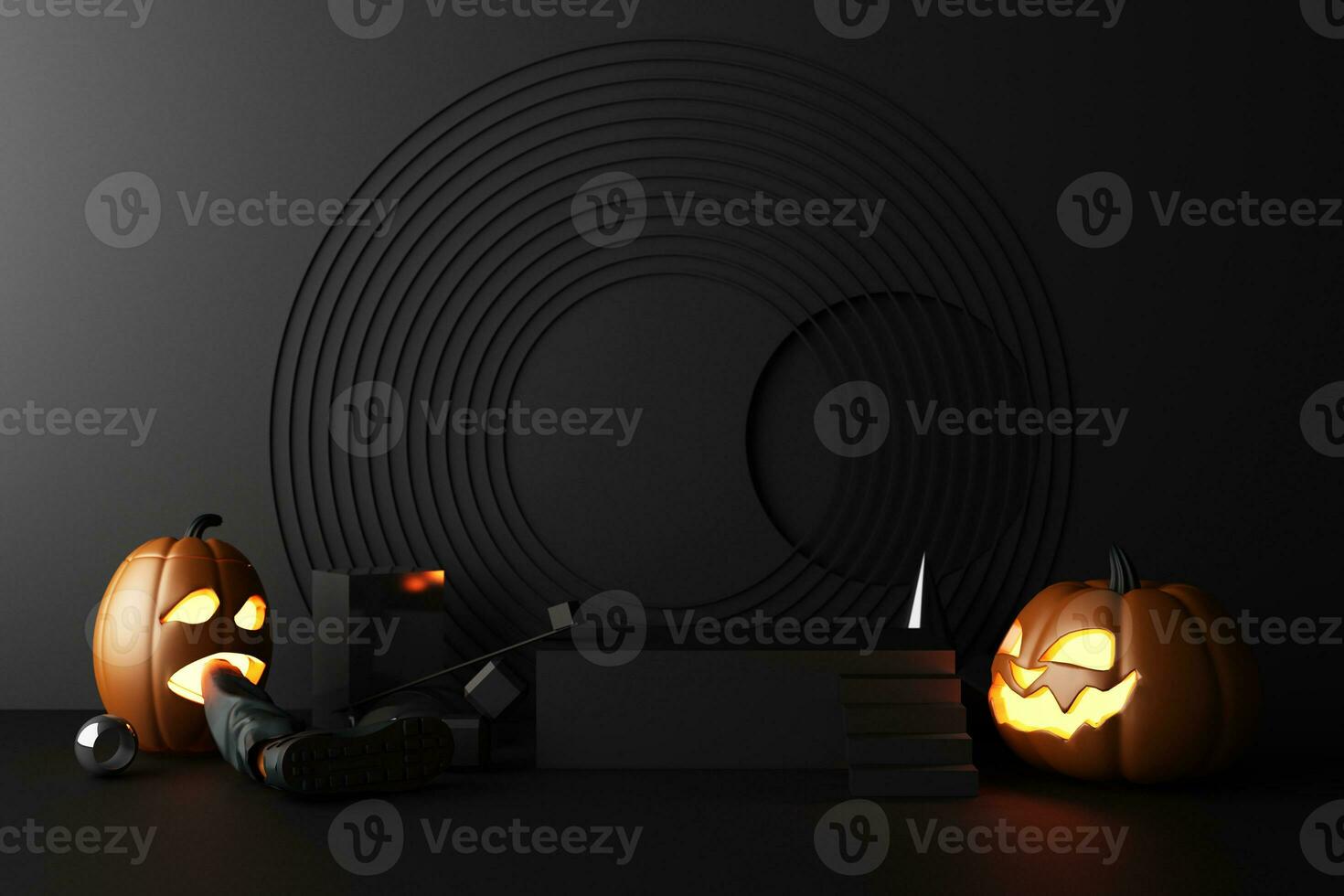 happy halloween promotional banner for party invitation background with halloween pumpkins glowing in the dark ready to place the product Geometric shape on a dark black background. 3d rendering photo