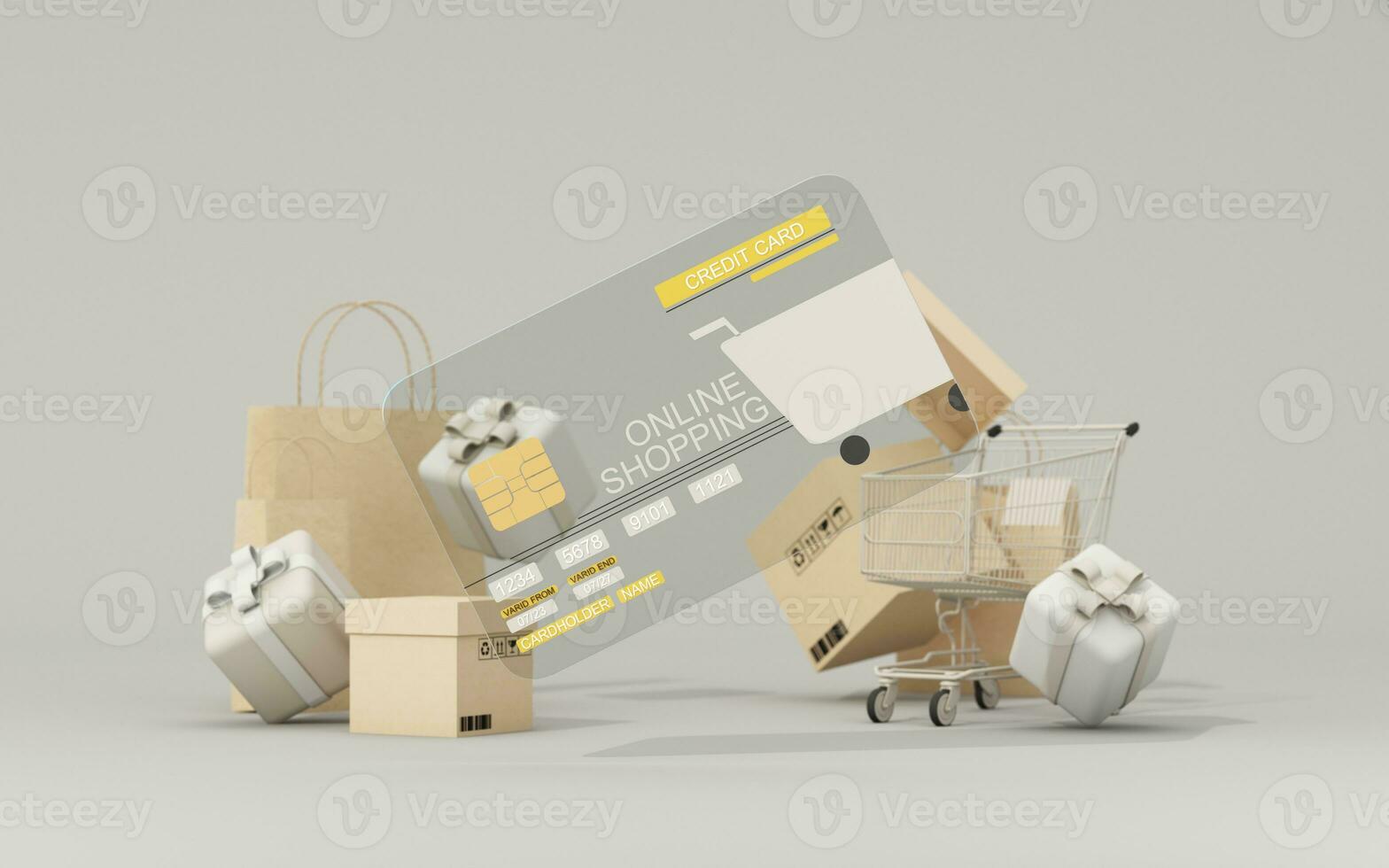 Credit card or cash card in the concept of online shopping and the future world of card spending. Without cash and shopping from home in the form of 3D cartoon renderings photo