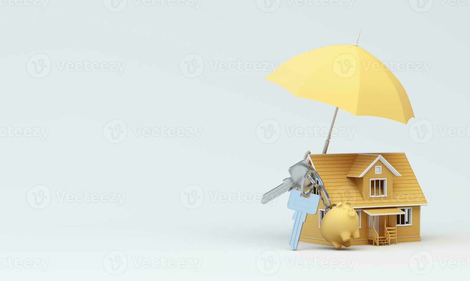 3d image design, rendering, background for the concept of insurance ads, homes and residential buildings with yellow umbrellas photo