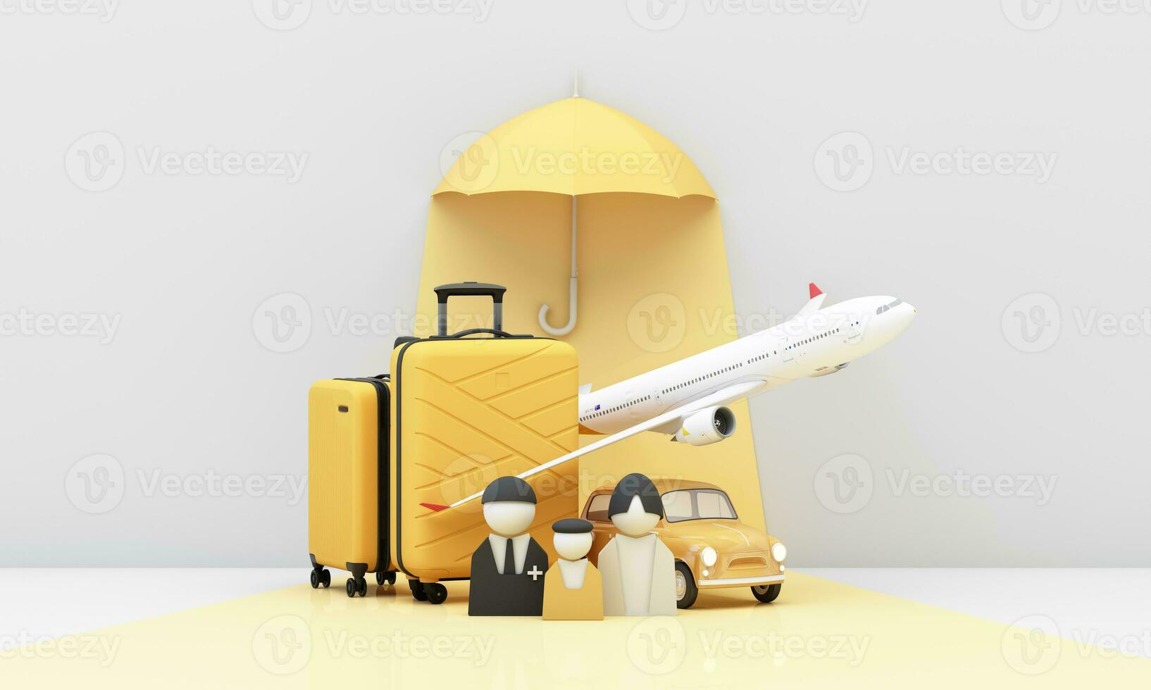 Image design, 3d rendering, background for the concept used in insurance advertisements. Travel insurance, tourism and tourists, both planes and cars, consisting of luggage, yellow umbrellas. photo