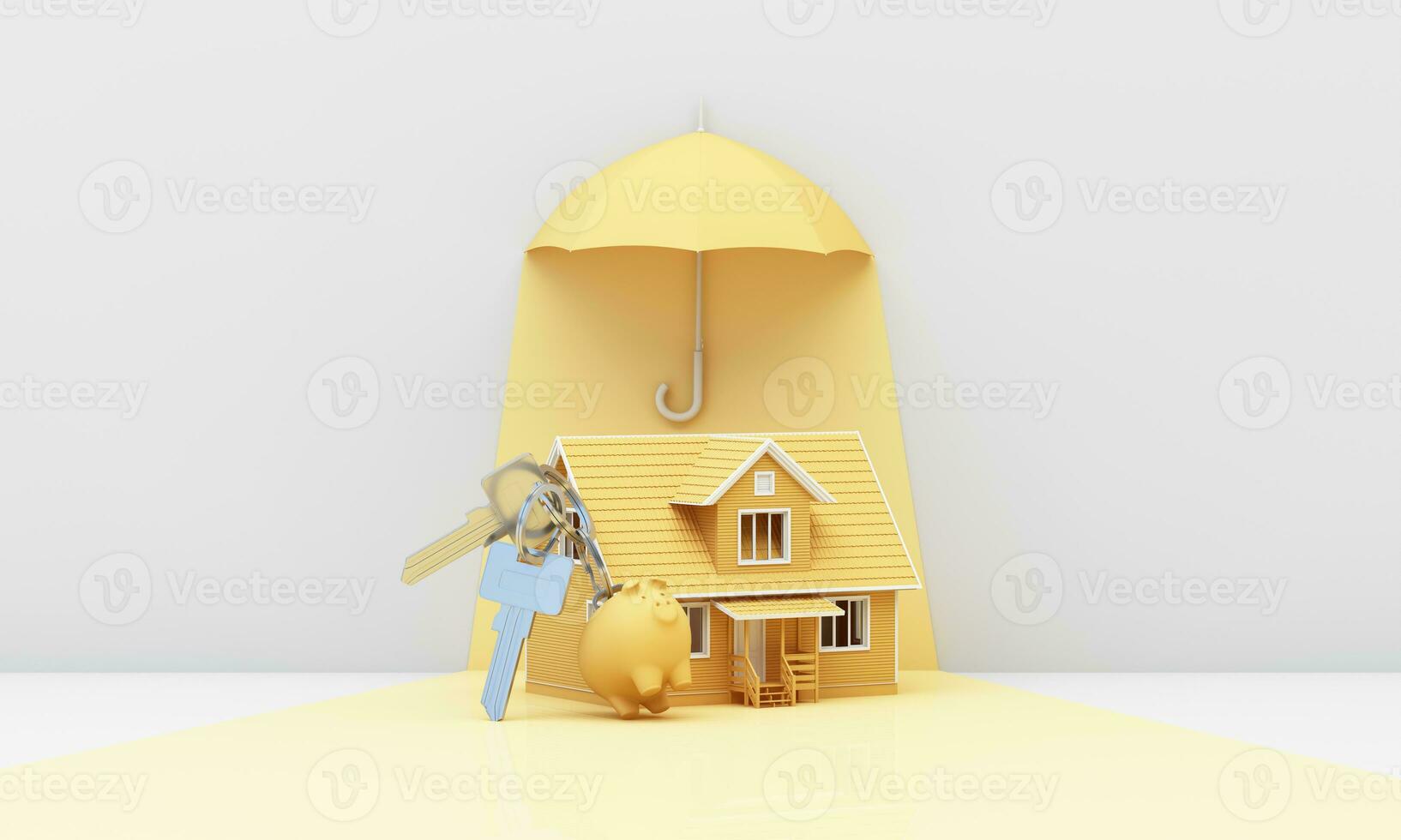 3d image design, rendering, background for the concept of insurance ads, homes and residential buildings with yellow umbrellas photo