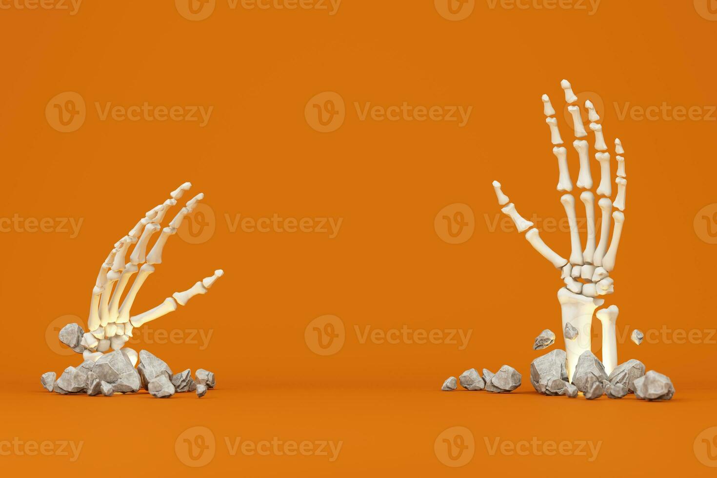 Happy Halloween banner or party invitation. orange theme product display podium on background with group of bat and Jack O Lantern pumpkin and hand skeleton with skull. 3d rendering illustration photo