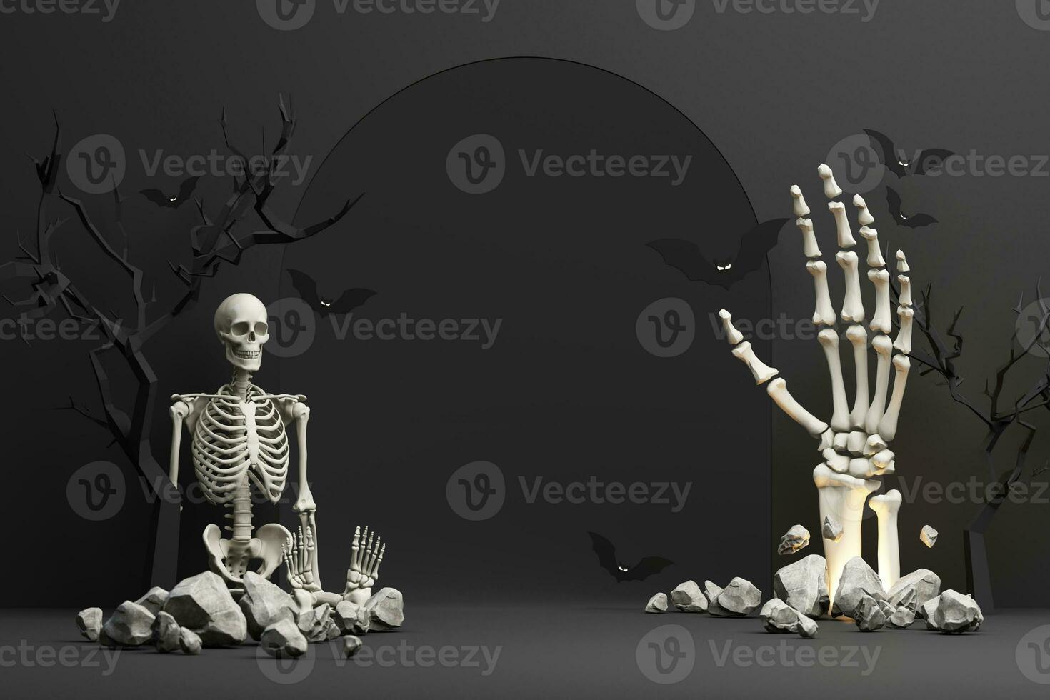 Happy Halloween banner or party invitation. orange theme product display podium on background with group of bat and Jack O Lantern pumpkin and hand skeleton with skull. 3d rendering illustration photo