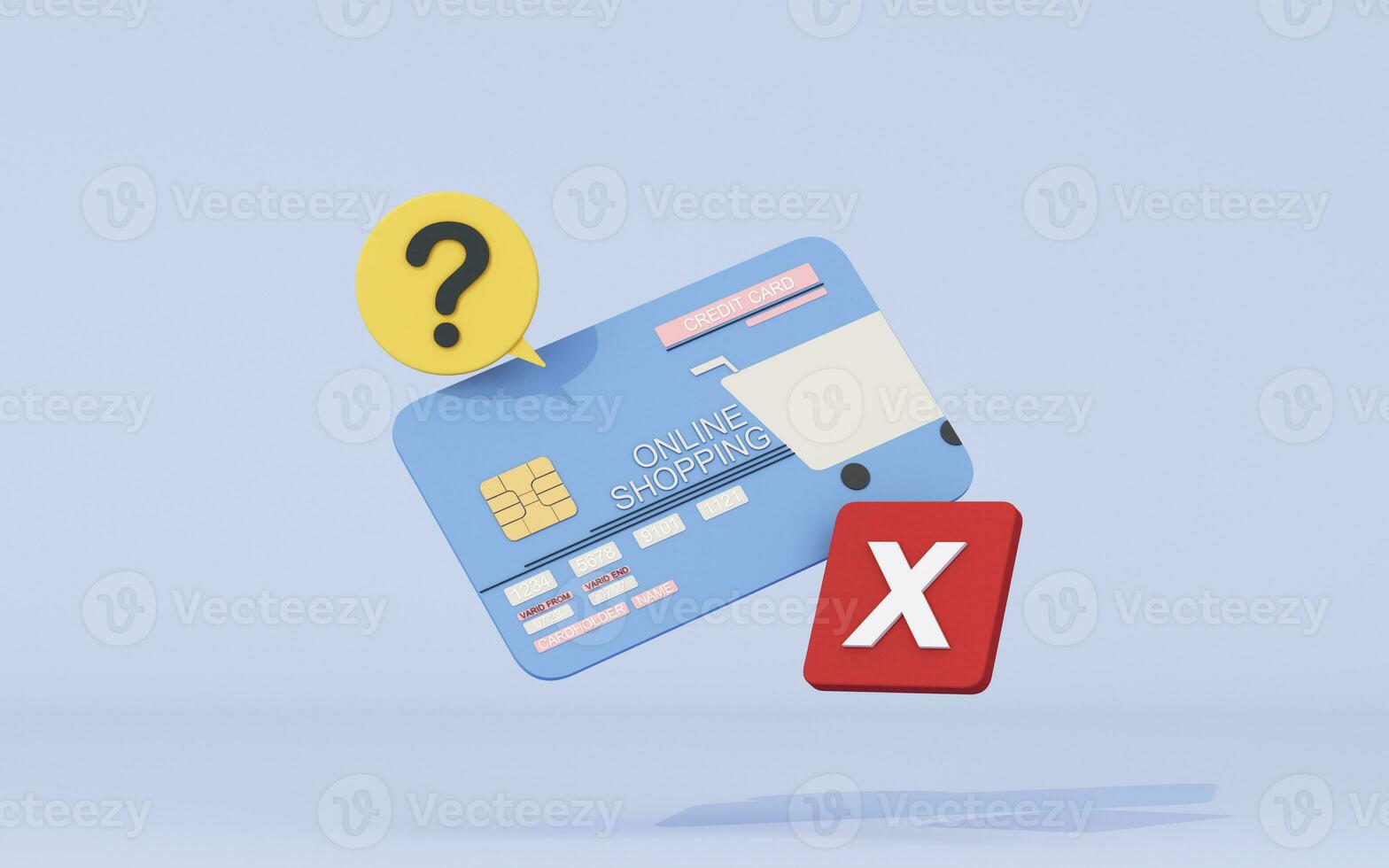 credit payment credit card. Canceled payment concept. Error and red cross sign. Blocked account. No pay. Cards not accepted. Cartoon illustration isolated on purple background. 3D Rendering photo