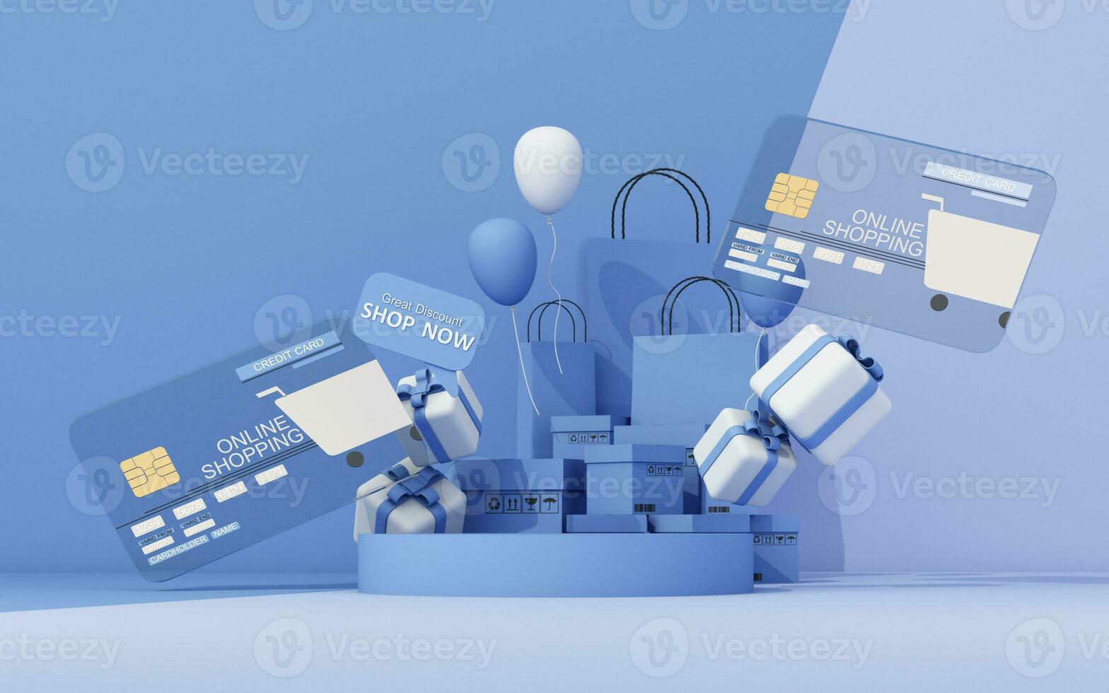 Credit card or cash card in the concept of online shopping and the future world of card spending. Without cash and shopping from home in the form of 3D cartoon renderings photo