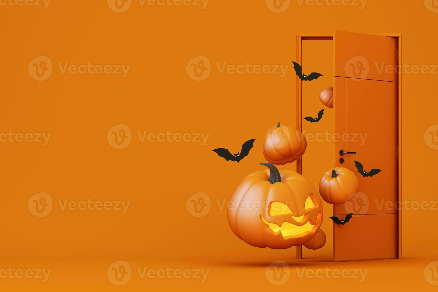 Happy Halloween banner or party invitation. orange theme product display podium on background with group of bat and Jack O Lantern pumpkin and hand skeleton with skull. 3d rendering illustration photo