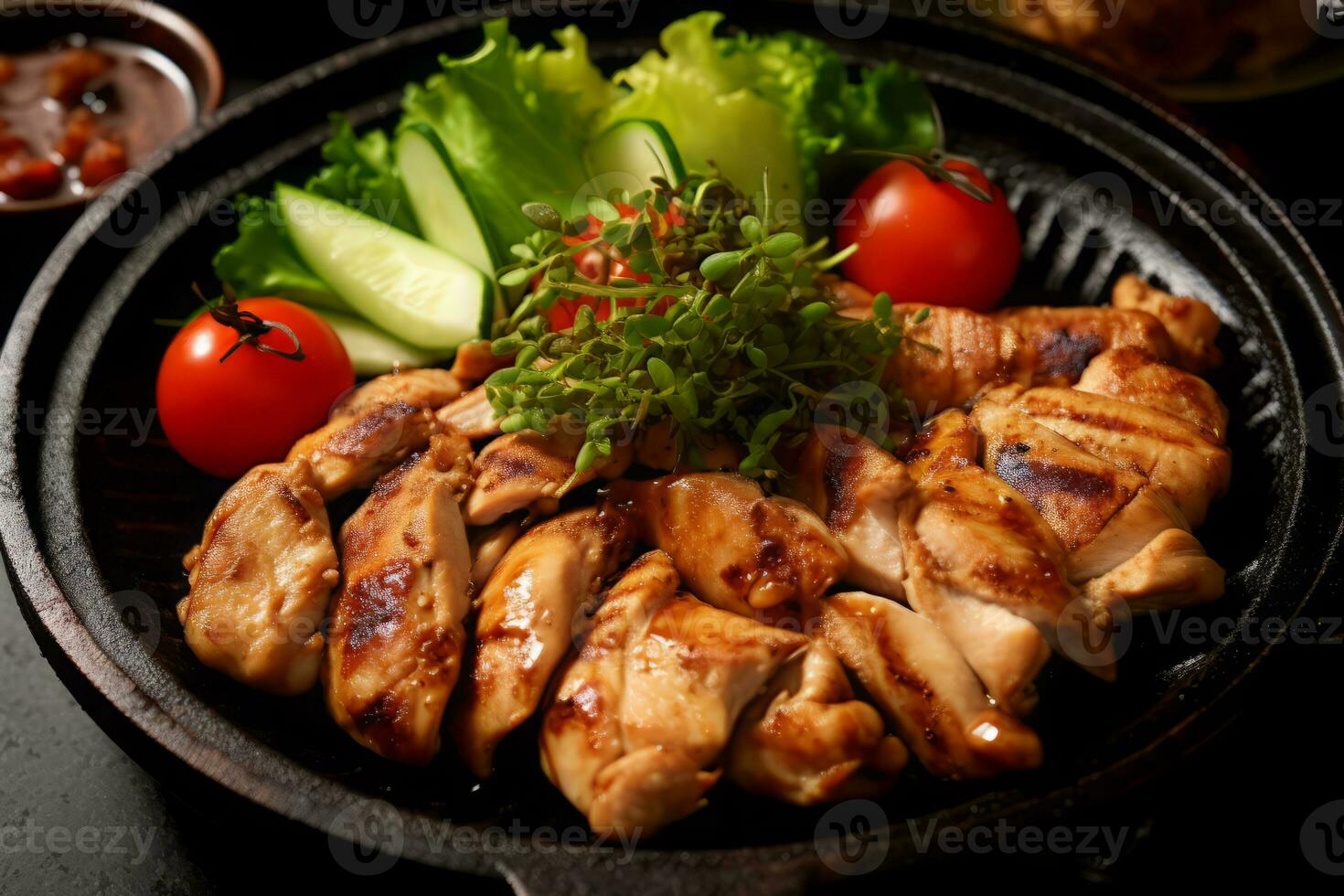Close-up top view of ingredients Grilled Chicken, Salmon, Pork, Japanese food. AI Generated. photo