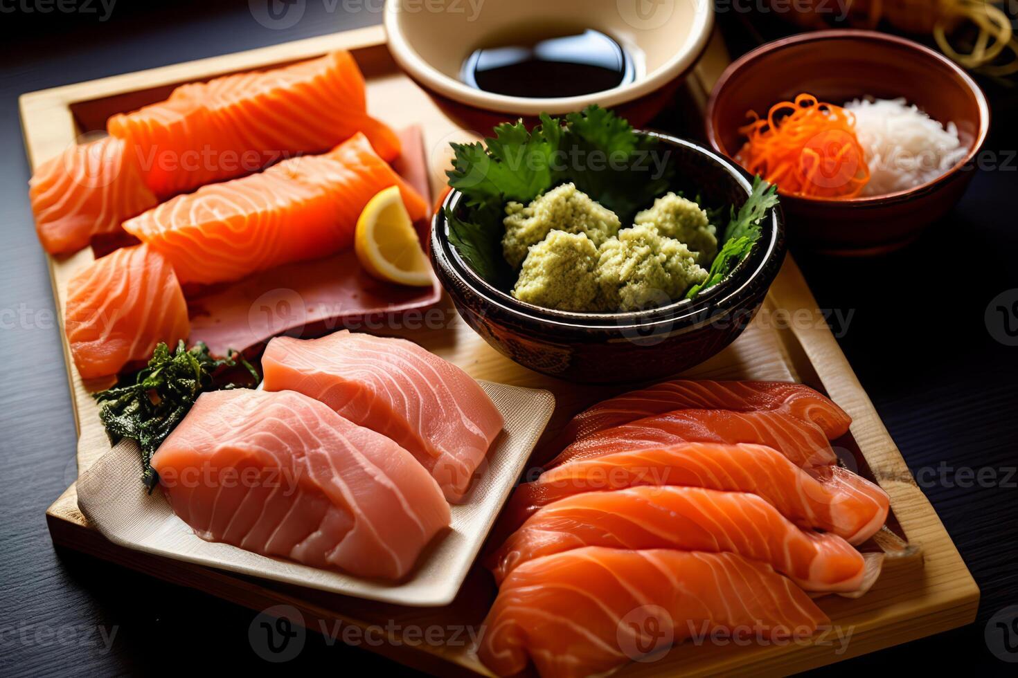 de cerca parte superior ver de ingredientes sashimi colocar, salmón, atún, japonés alimento. ai generado. foto