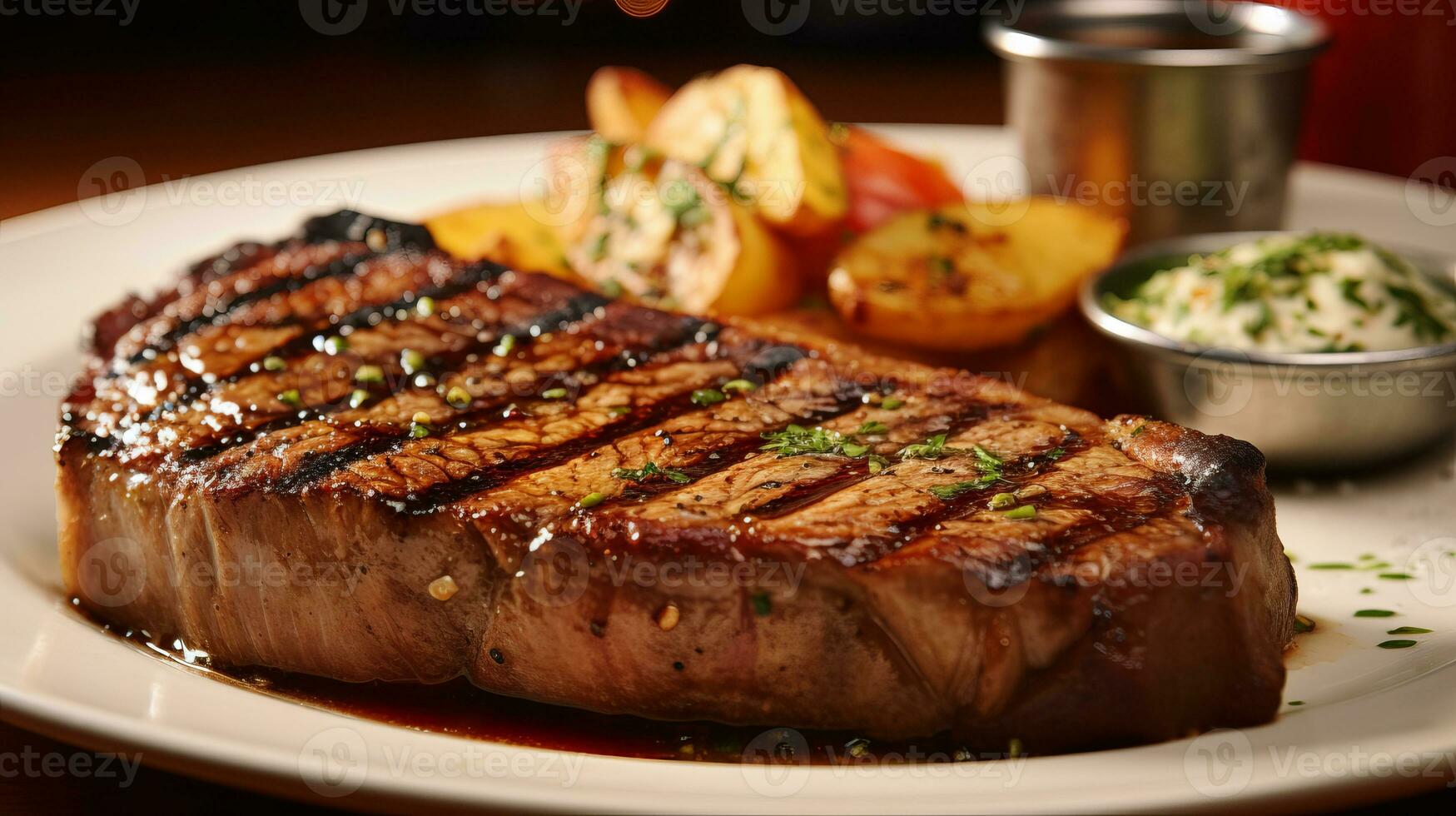 The New York Strip steak has delicious food. AI Generated. photo