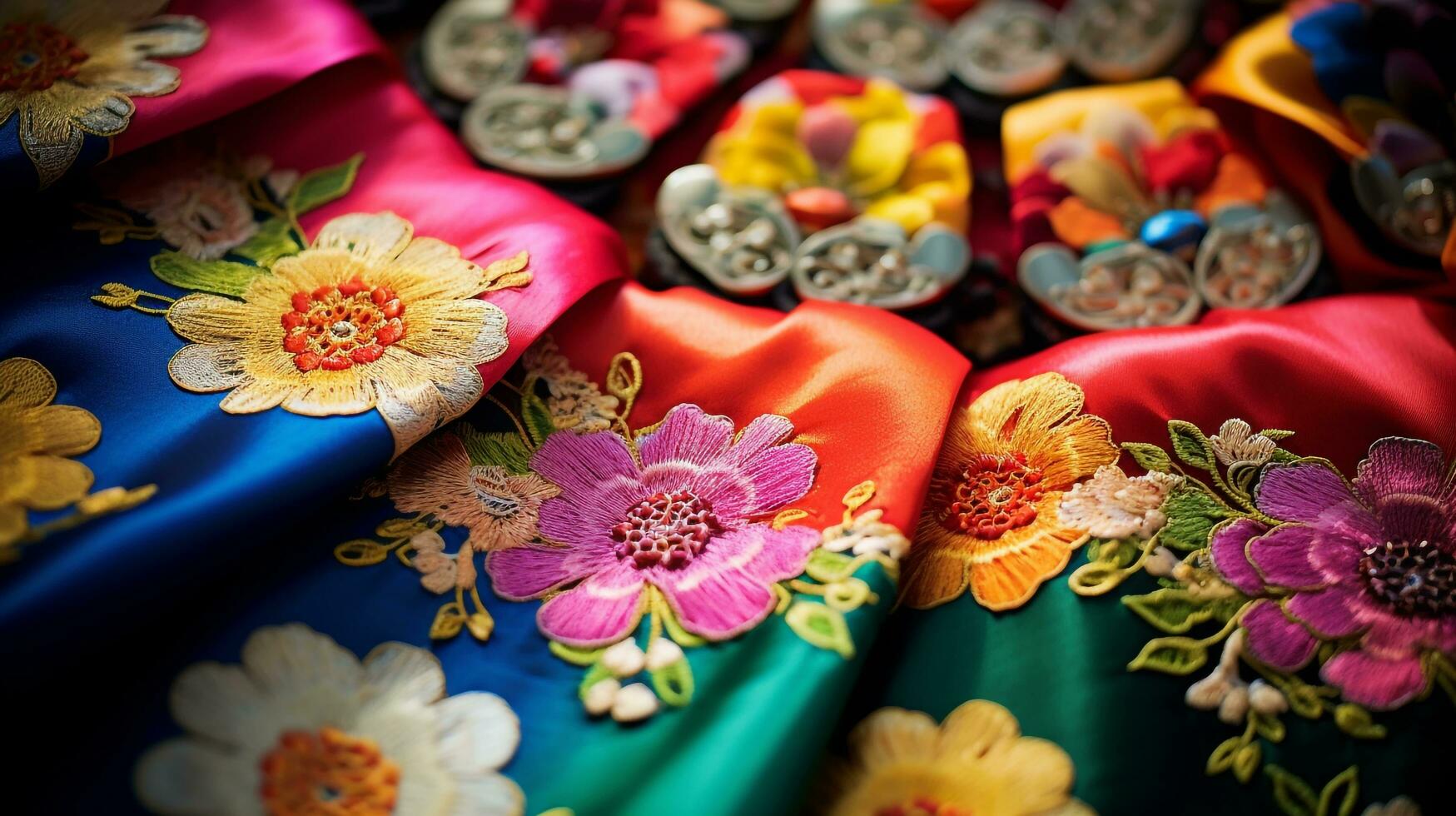 An intricate display of hanbok, the traditional Korean clothing, showcasing the vibrant colors and intricate patterns, in celebration of Chuseok, AI-Generated photo