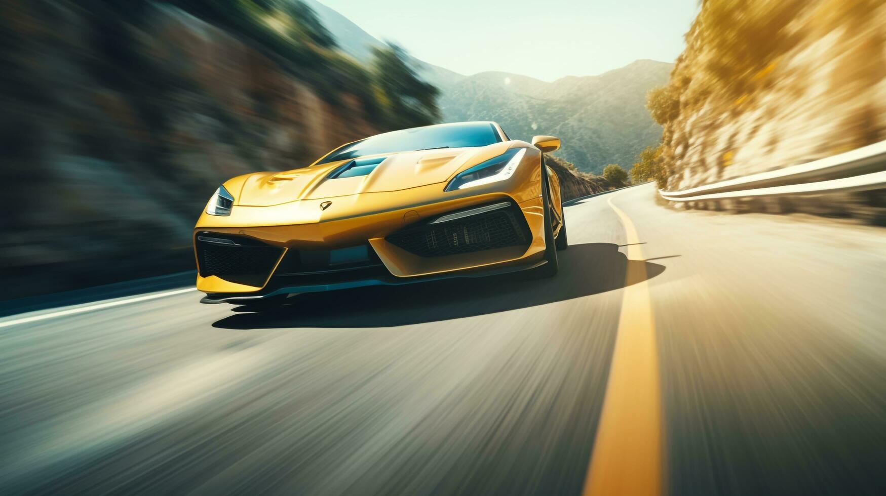 a luxury sports car speeding through a winding mountain road on a sunny day, AI generated photo