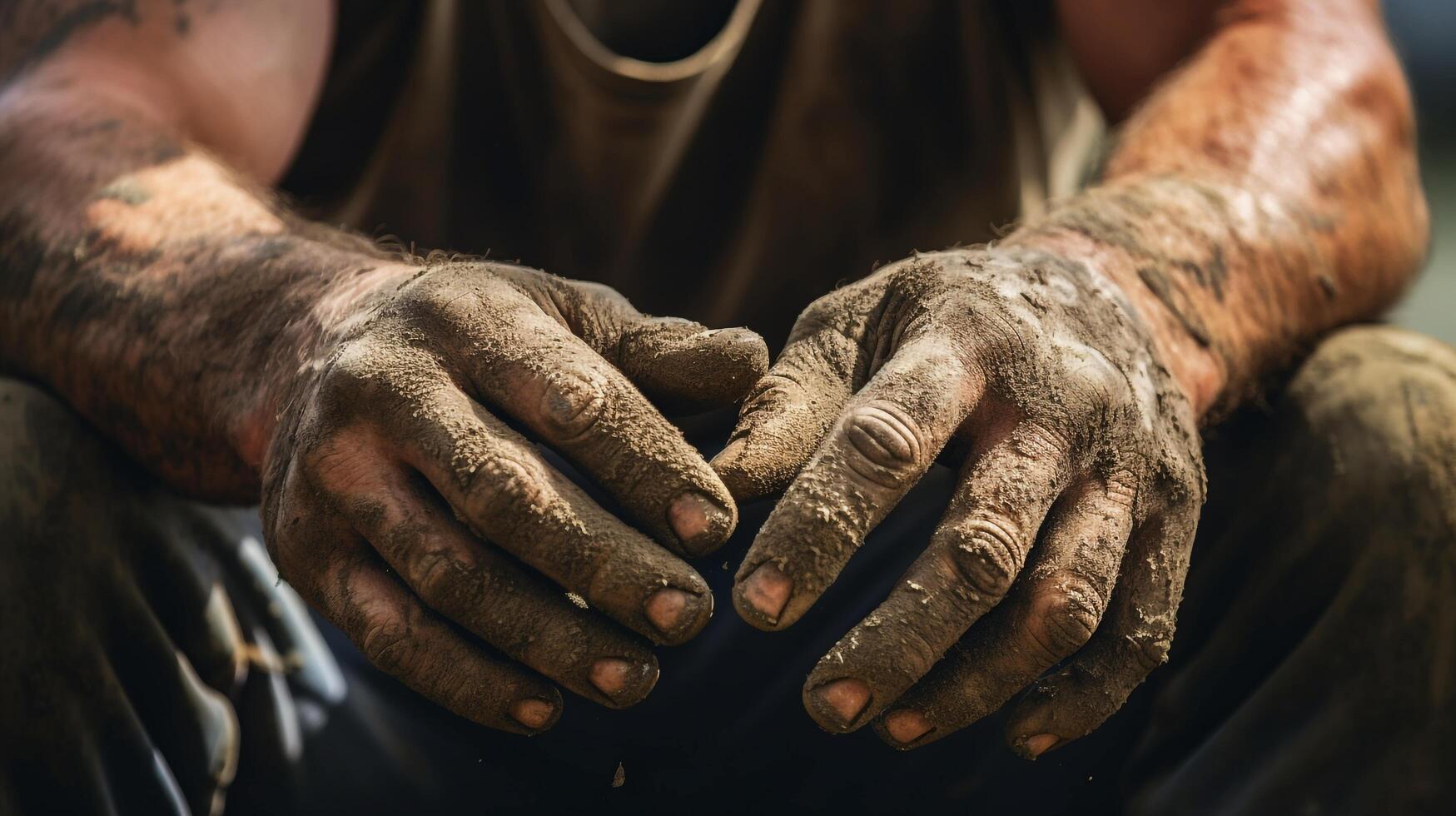 a worker's hands, covered in dirt and grease, showcasing the hard work and dedication that goes into their craft, AI Generative photo