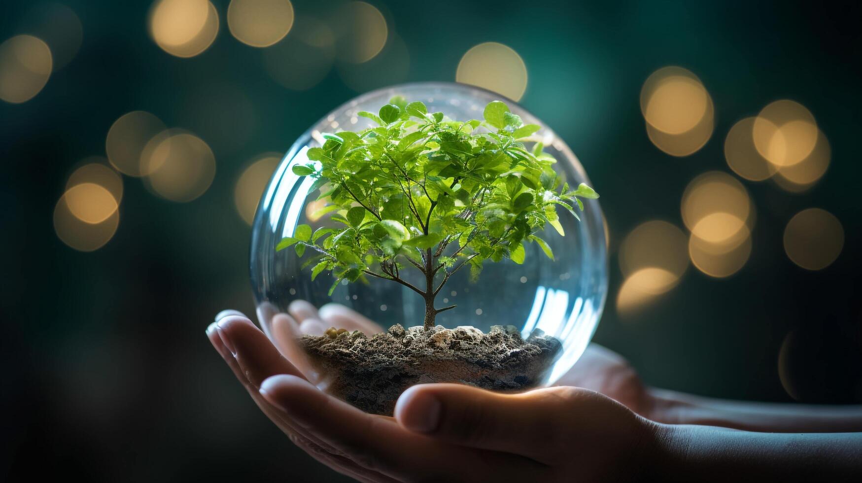 un de la persona manos participación un globo con árbol plántulas creciente, ai generativo foto