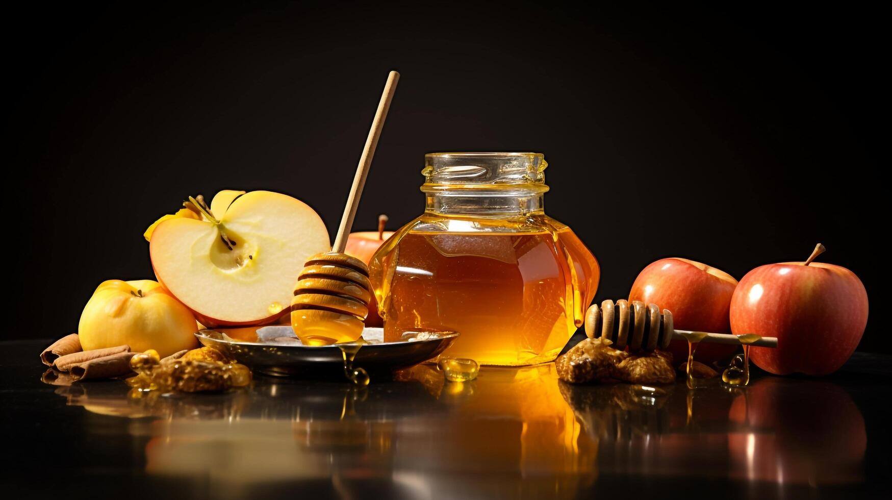 Traditional sweet dishes of Rosh Hashanah, such as apple and honey, AI-Generated photo