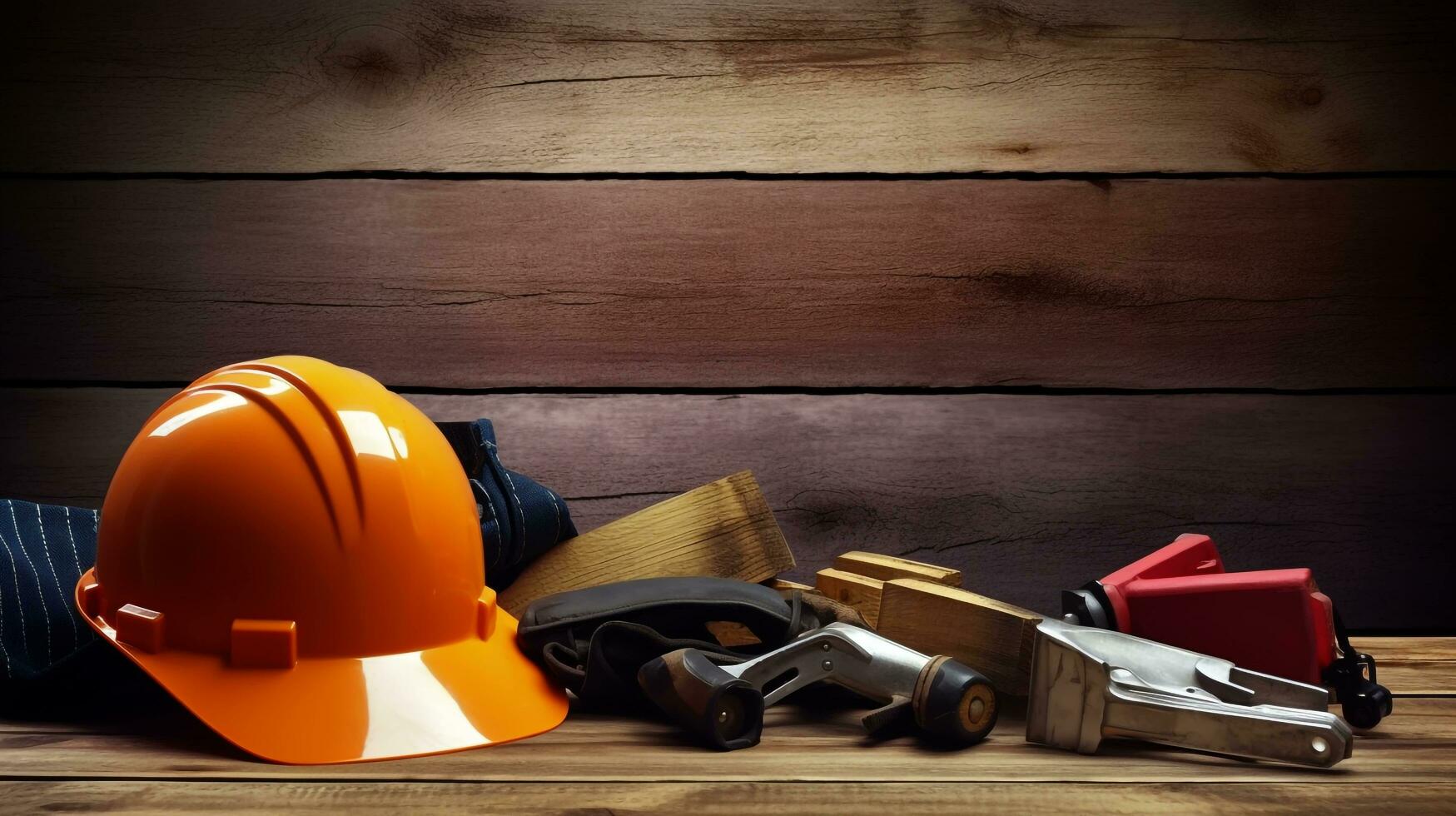 Happy labor day Construction tools on dark wooden background, AI generated photo