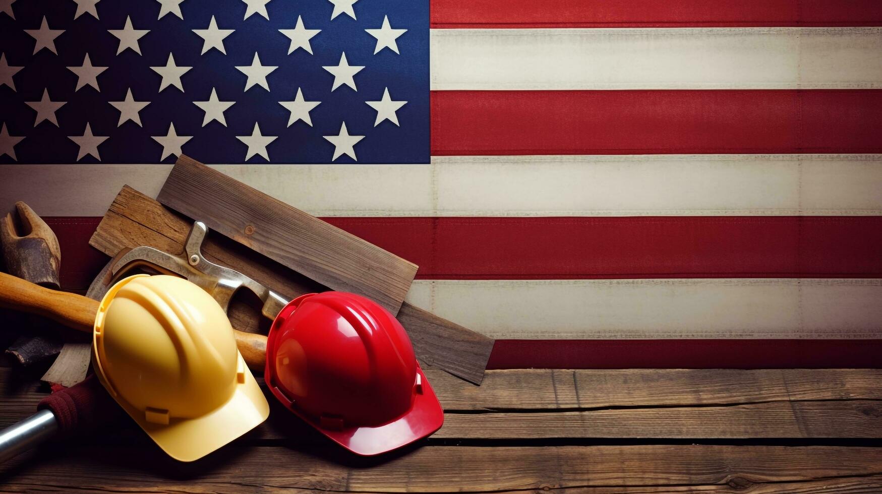 American flag Happy labor day text with many handy tools on a grunge grey concrete background, AI generated photo