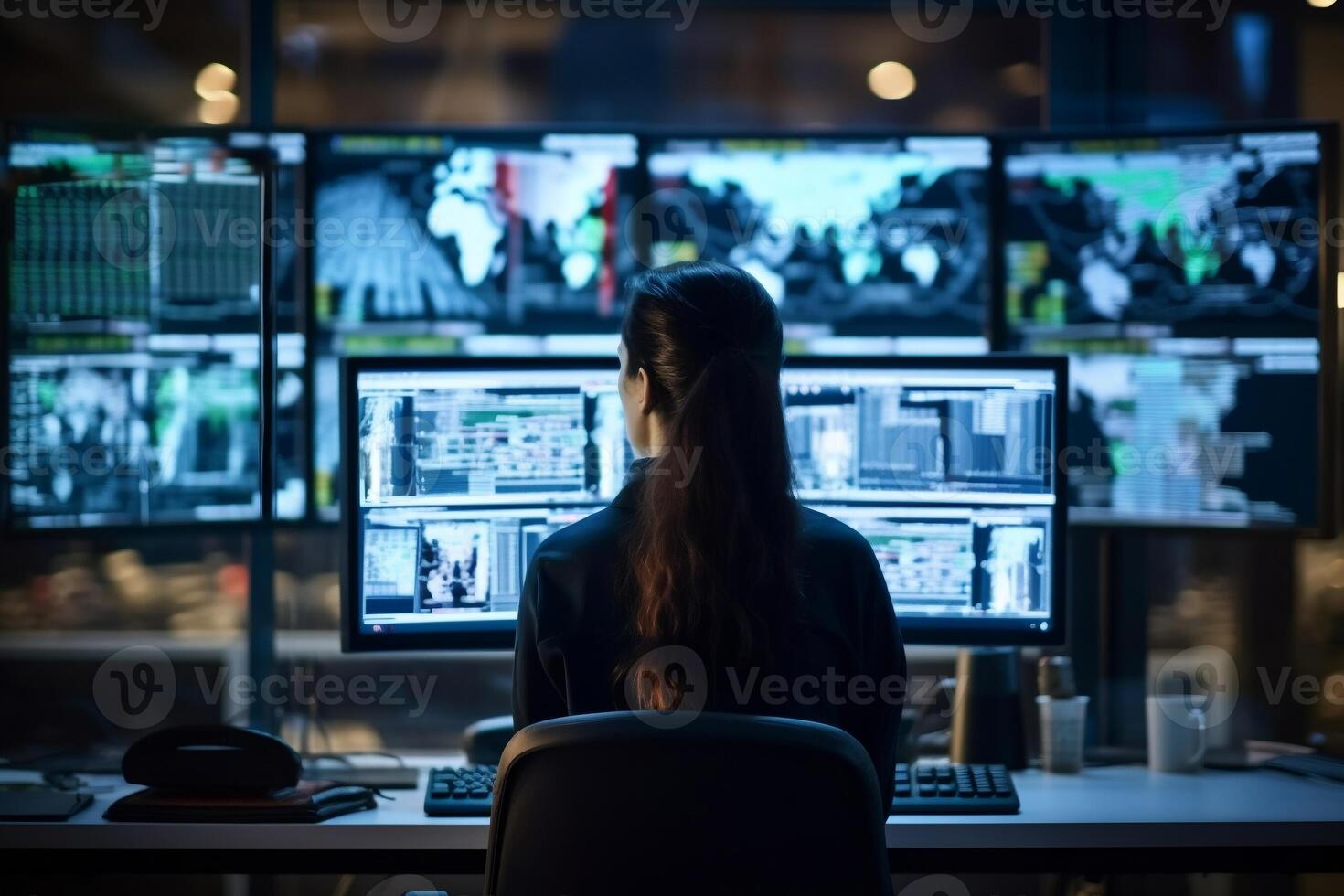 Rear view of Woman cybersecurity specialist sitting at her workplace in front of monitors in surveillance room. photo