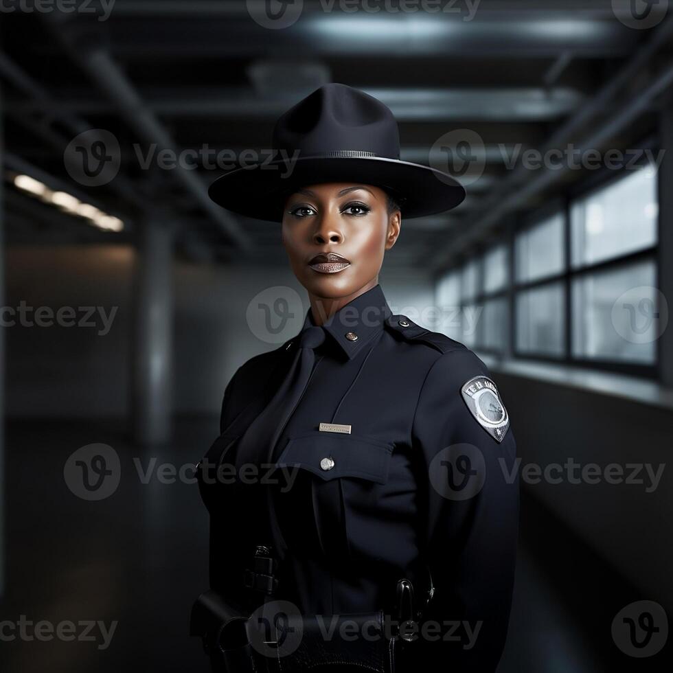 retrato de un africano americano hembra policía oficial vistiendo un negro sombrero y uniforme. ai generativo foto