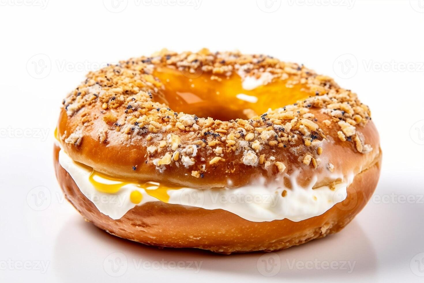 Creme brulee bagel with filling cream cheese, golden crust and topping
