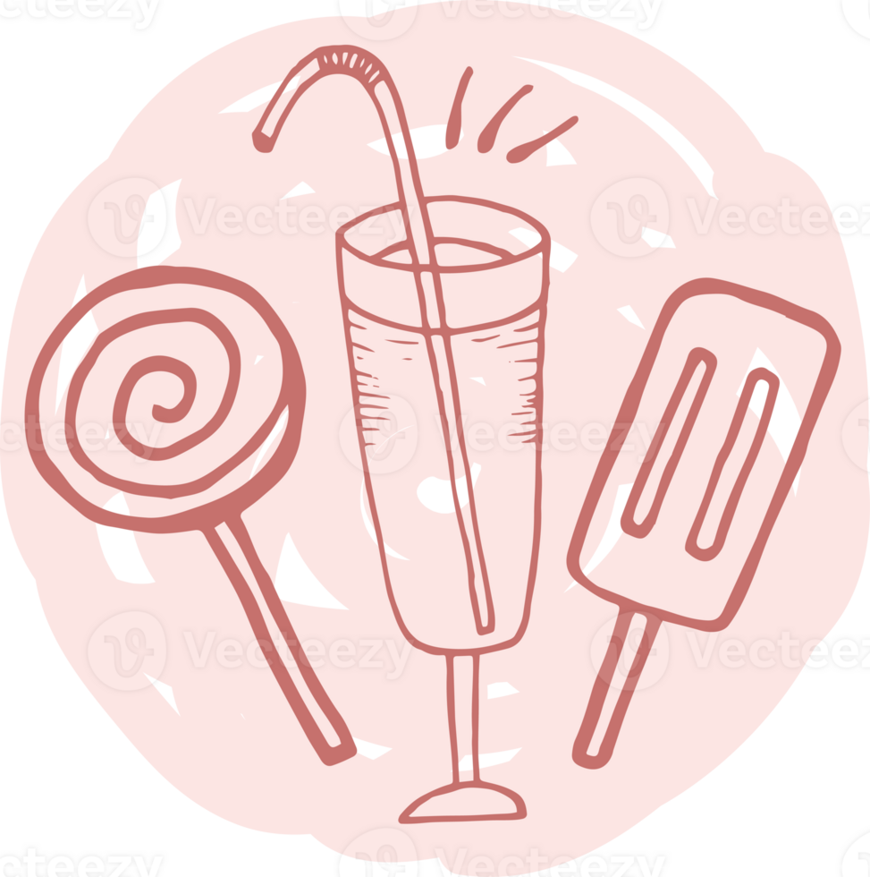 Sweets and juice on a round pink background. Highlight cover, social media design, icon, emblem, logo. Doodle style illustration png