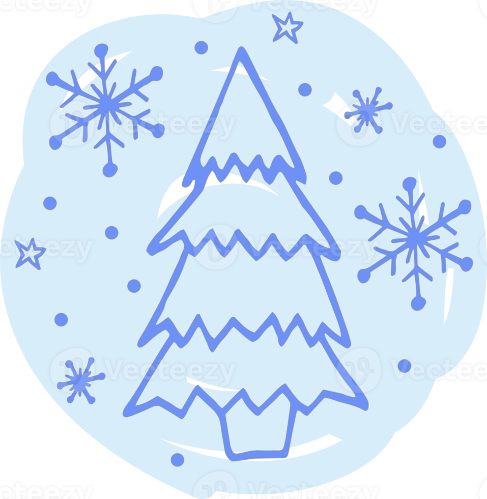 Navidad árbol y copos de nieve en un azul antecedentes. realce cubrir, social medios de comunicación diseño, icono, emblema, logo. garabatear estilo ilustración png