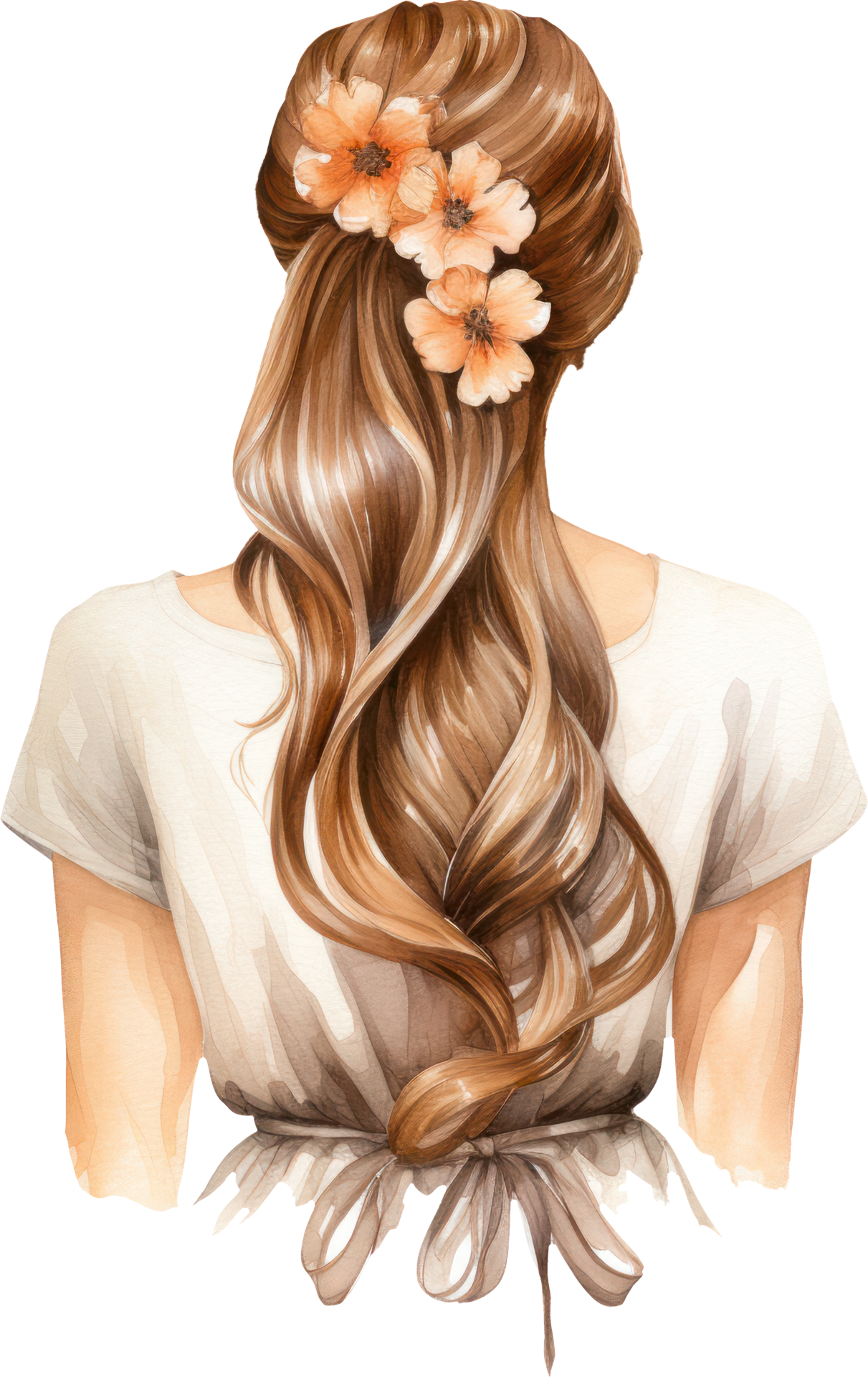Back view of woman long hair watercolor. AI Generated 26976376 PNG