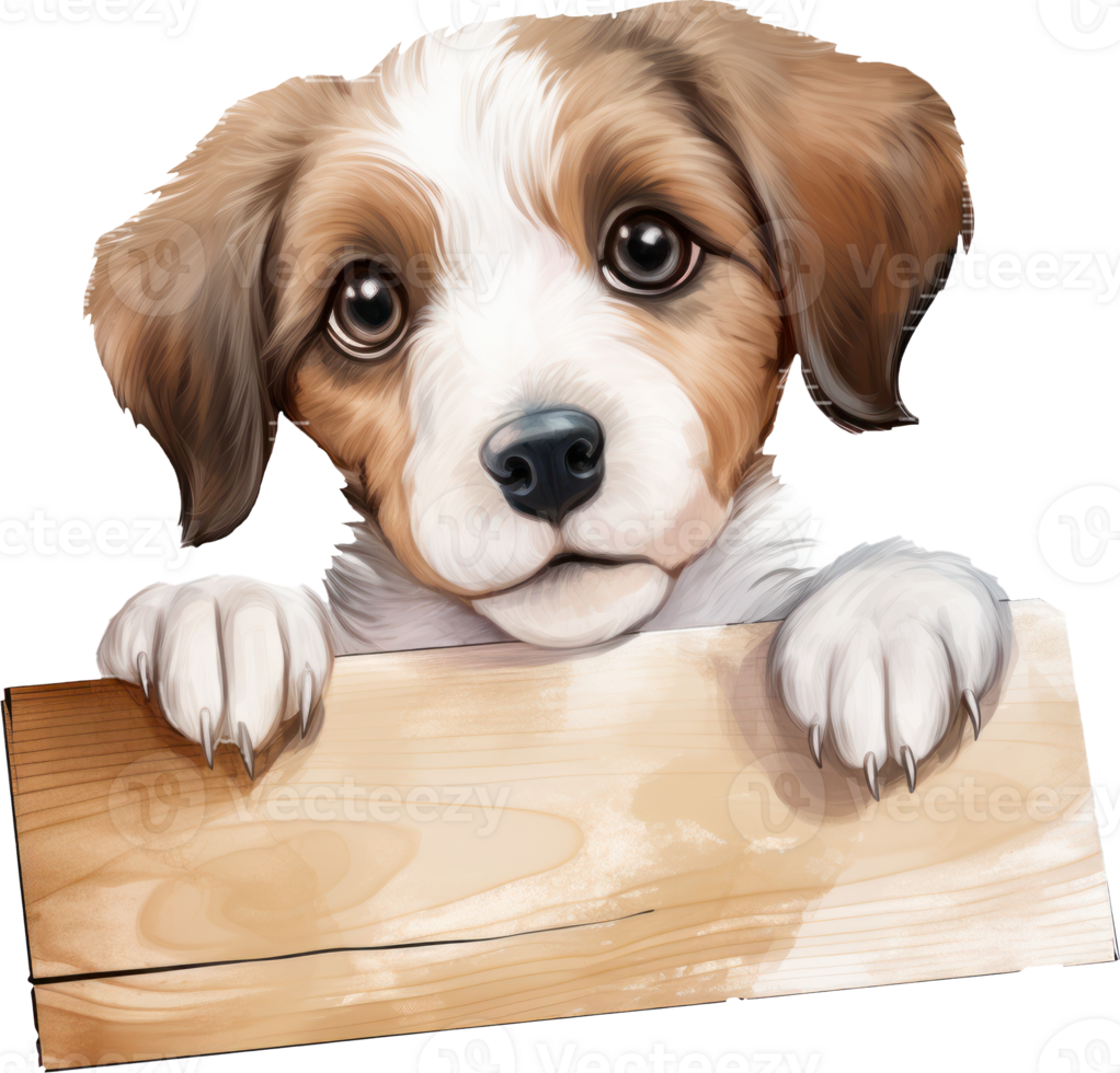 Cute baby dog with wooden sign illustration. AI Generated png