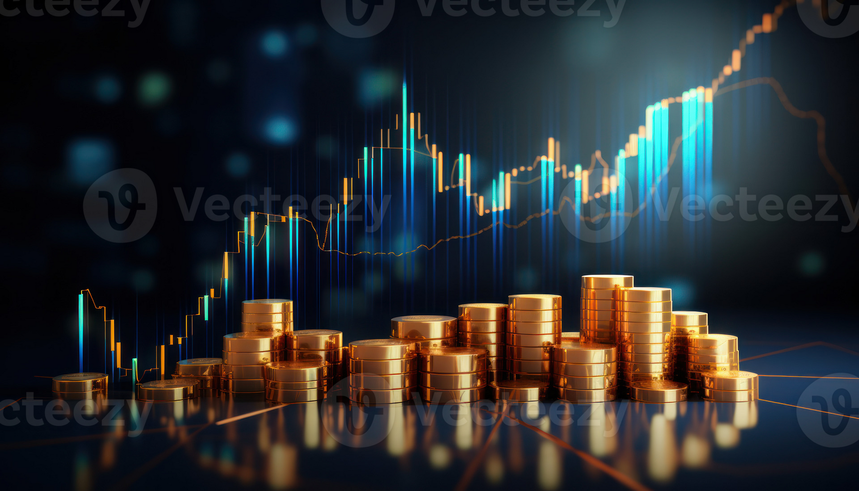 Business candle stick graph chart of stock market investment trading on blue background. Bullish point, up trend of graph. Economy design. AI Generated png