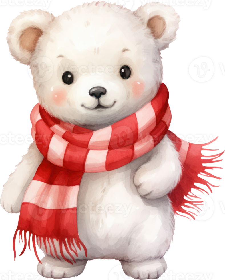 Cute polar bear with red scarf cartoon watercolor. AI Generated png