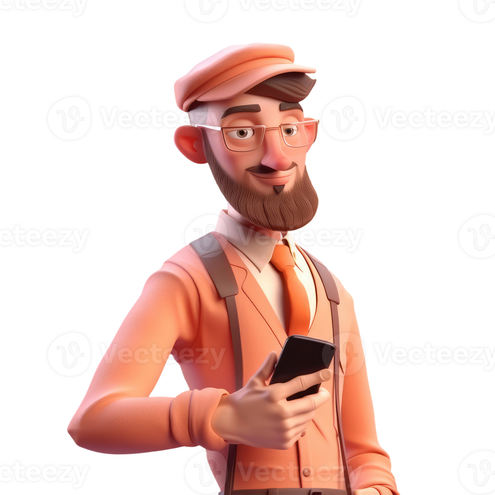 3D icon avatar cartoon hipster character, stylish smiling man with phone, people close up portrait on isolated on transparent background. png