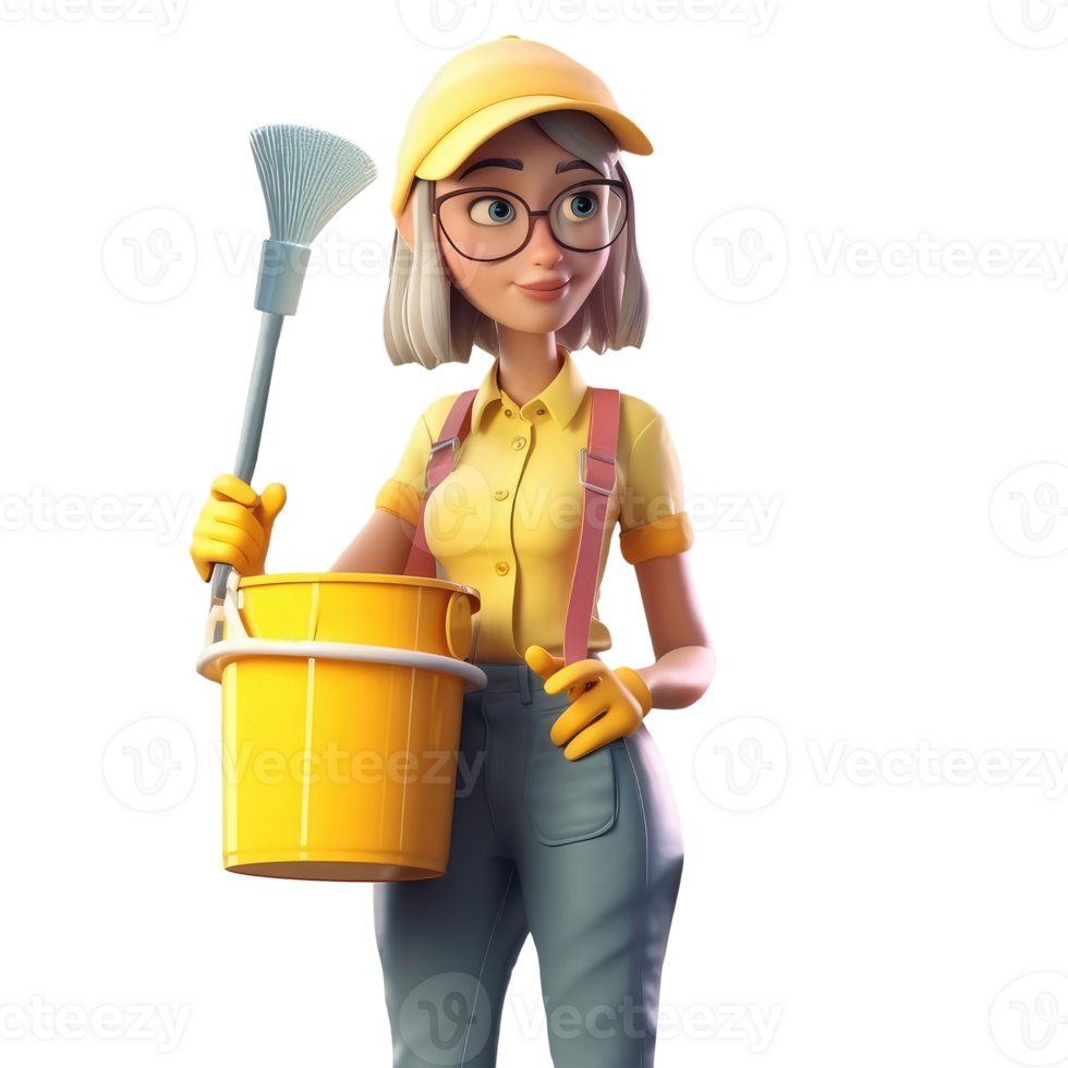 3D icon cute Young woman housewife cleaning the floor with a mop, people activity, daily routine cartoon style on Isolated Transparent png background. Generative ai