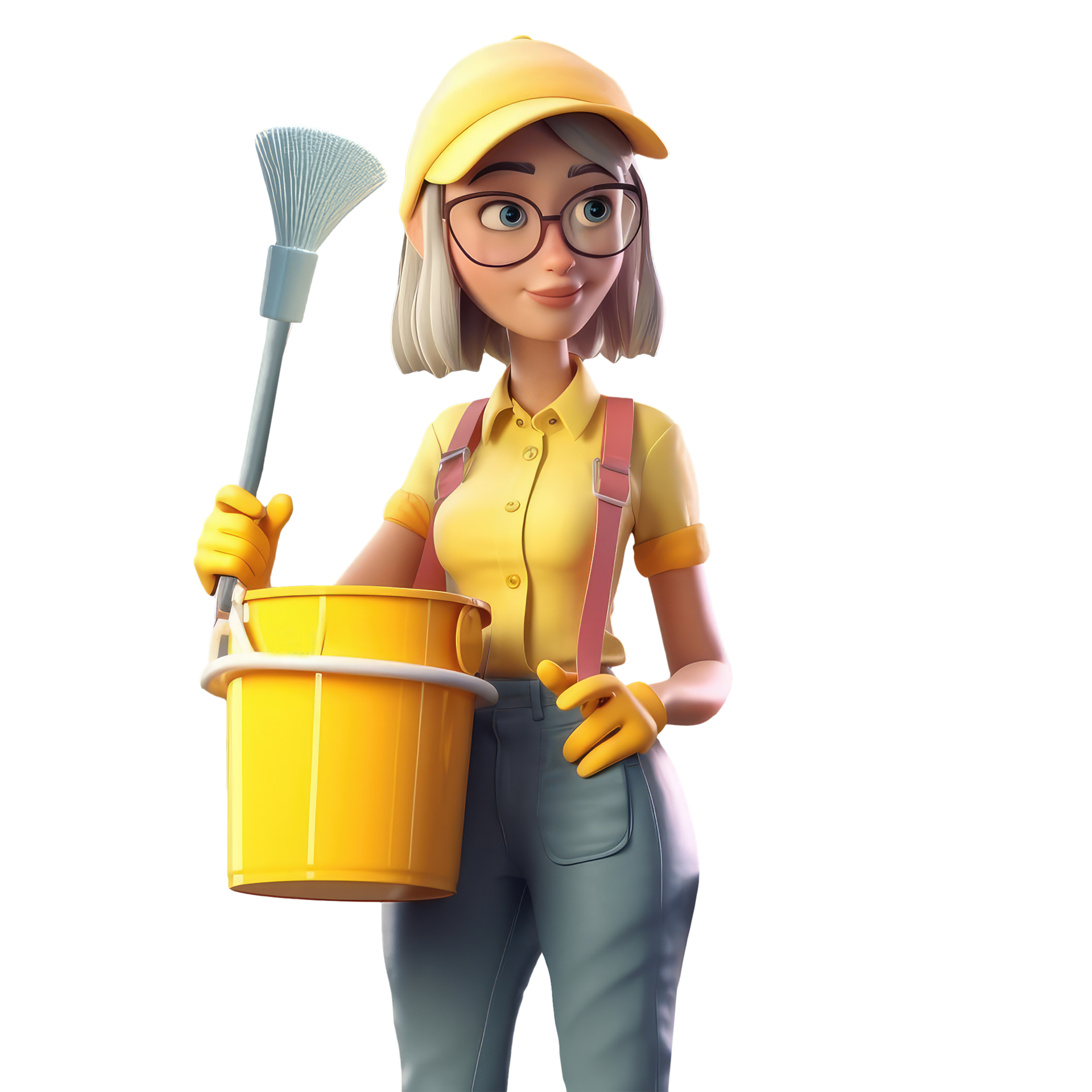 3D icon cute Young woman housewife cleaning the floor with a mop