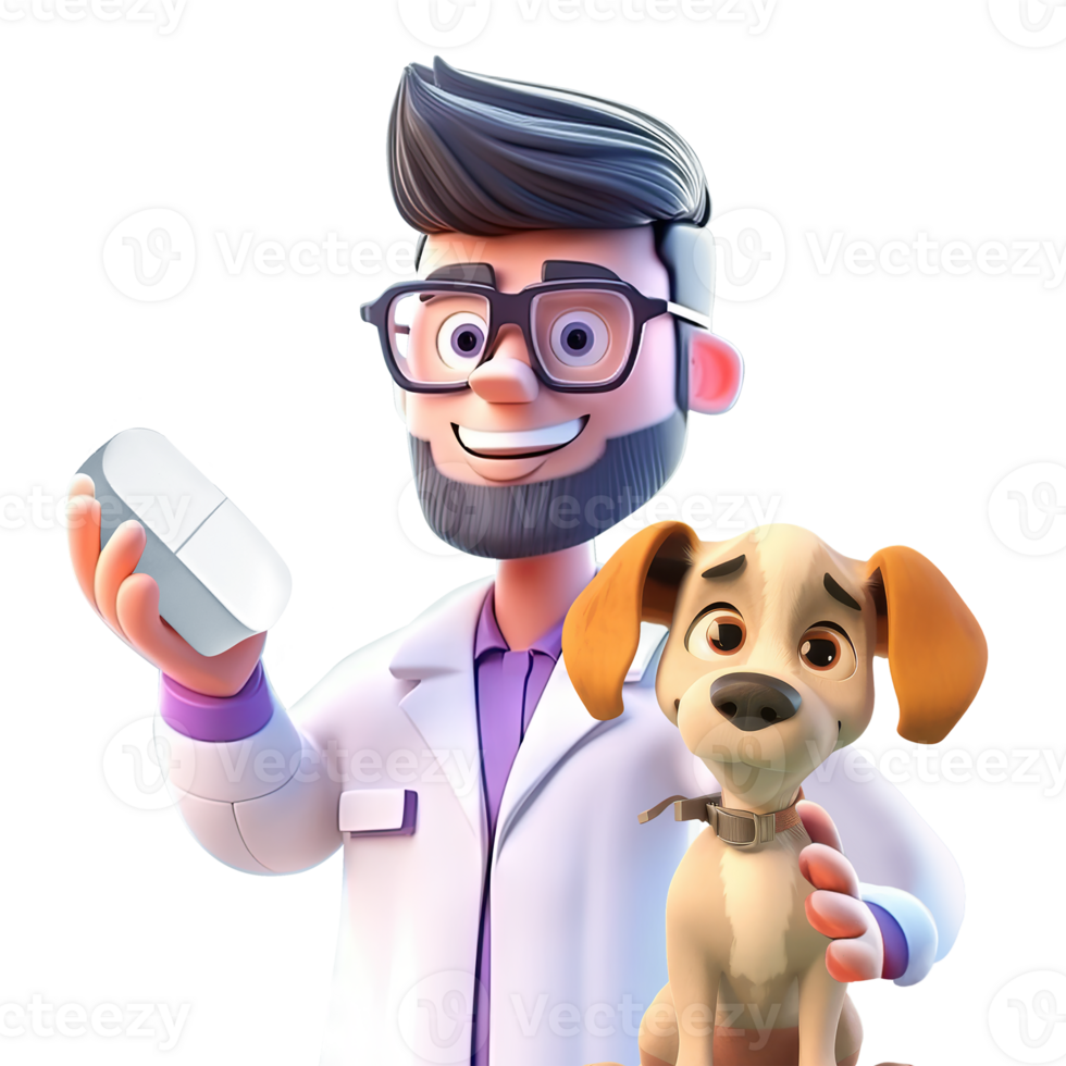 3d Symbol süß Tierarzt Mann mit Hund Karikatur Stil auf isoliert transparent png Hintergrund. generativ ai