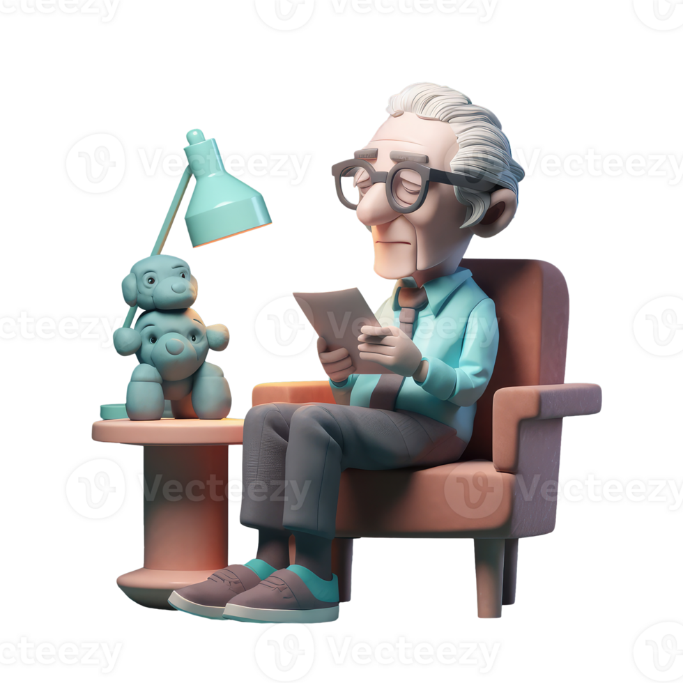 3d icon cute An older male grandfather reads while sitting in a chair. Elderly people are cartoon characters. old age on Isolated Transparent png background. Generative ai