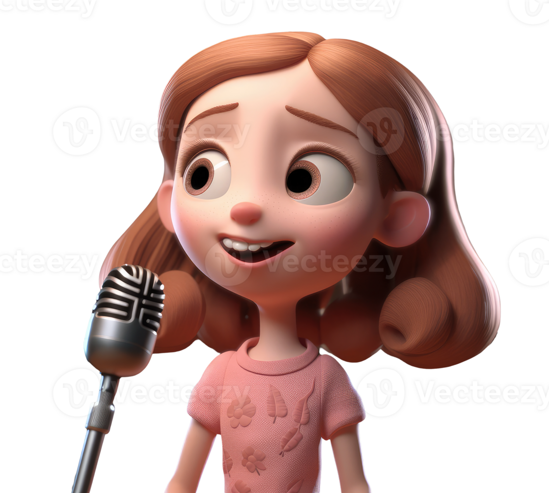 fofa 3d ícone fofa pessoas feliz pequeno criança menina cantar uma música karaokê personagem ilustração. desenho animado mínimo estilo em isolado transparente fundo png. generativo ai png