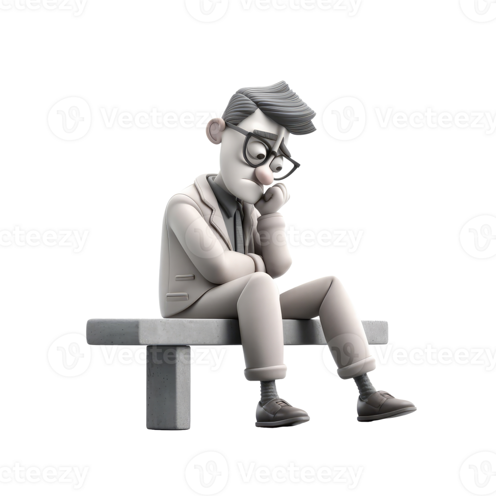 3d icon illustration lonely stress man sitting young subdued male character sad thoughts. Depressed man concept on Isolated Transparent background. png