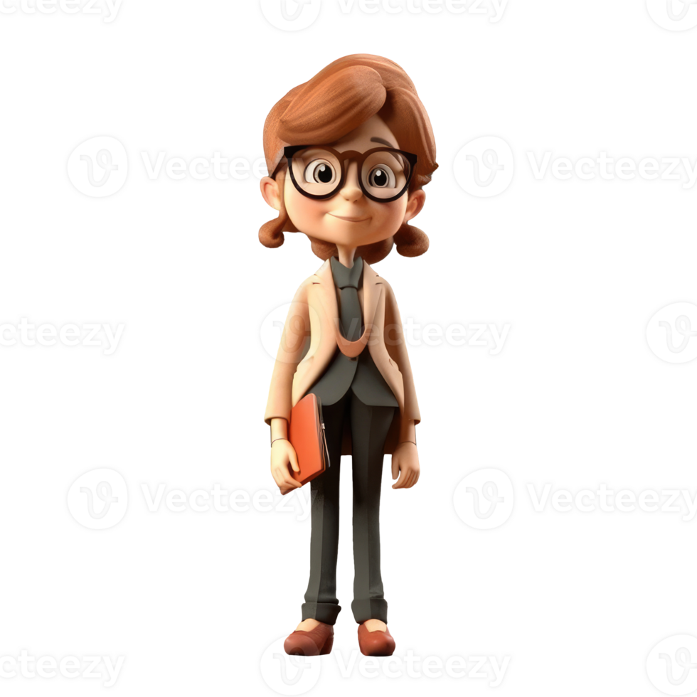3d icon cute Young smiling business woman or office worker stands and holds work documents folder. people character illustration. Cartoon minimal style on Isolated Transparent png