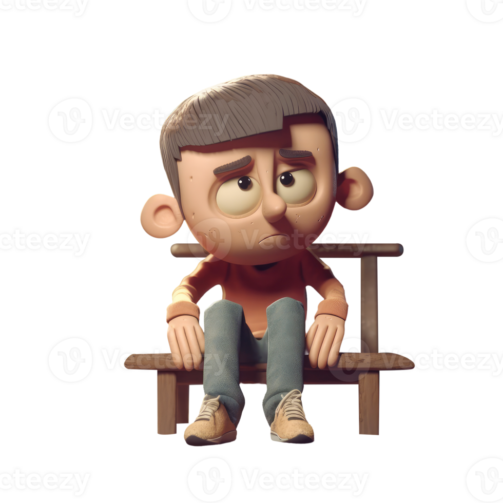 3d icon illustration lonely stress man sitting young subdued male character sad thoughts. Depressed man concept on Isolated Transparent png background. Generative ai