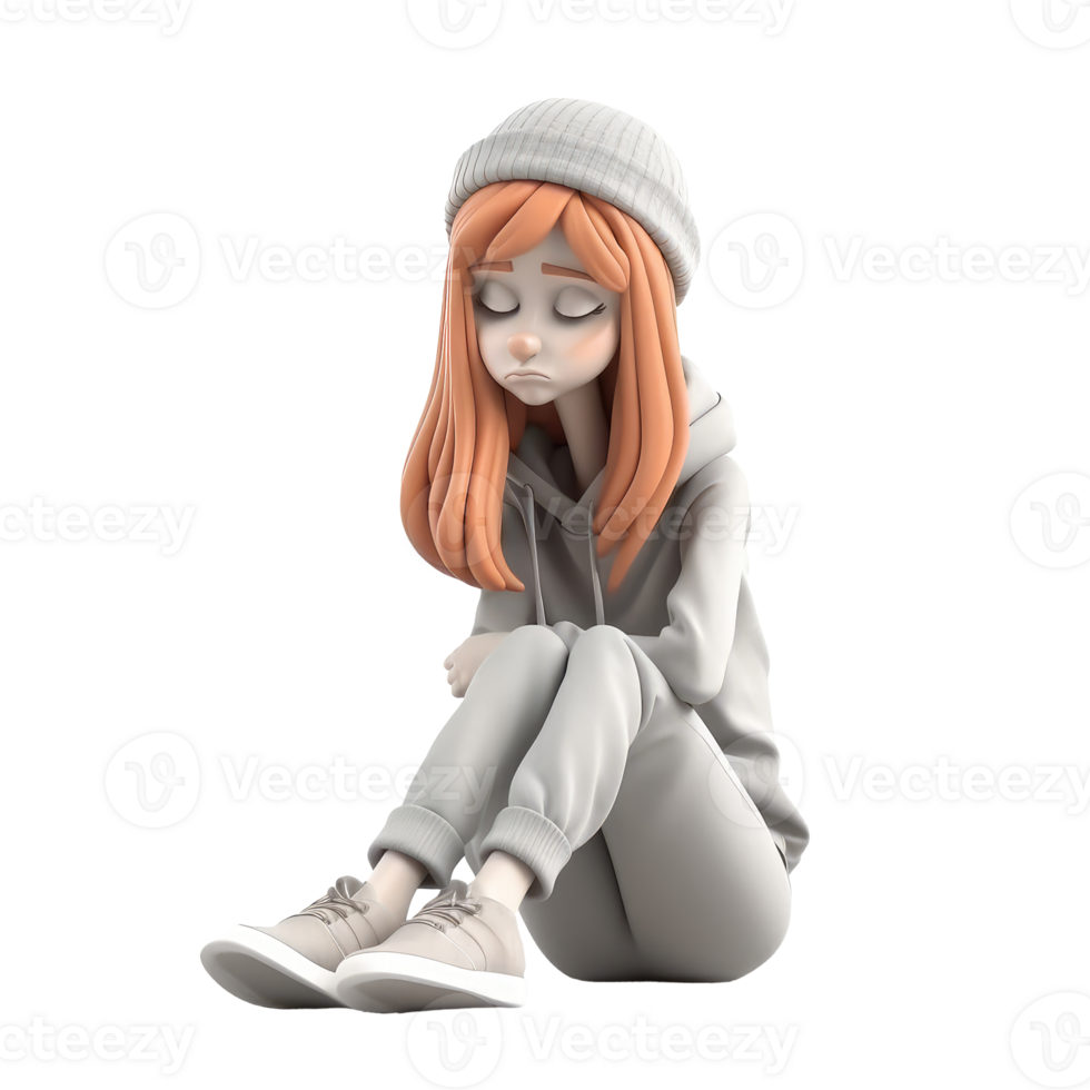 3d icon illustration lonely stress woman sitting young subdued female character sad thoughts. Depressed people concept on Isolated Transparent png background. Generative ai