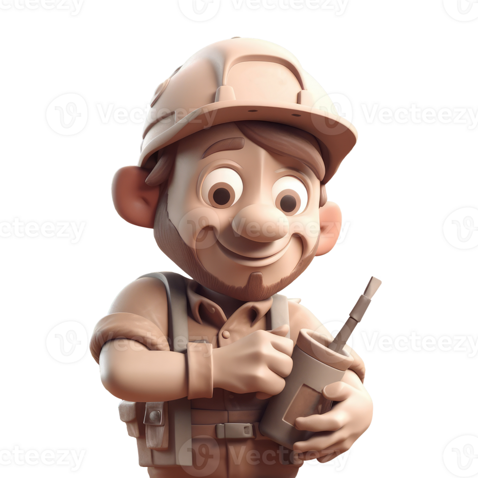 cute icon 3D Builder man or in professional uniform, helmet and dungarees. Repair service, laborer or constructor work Cartoon minimal style on isolated transparent background . png