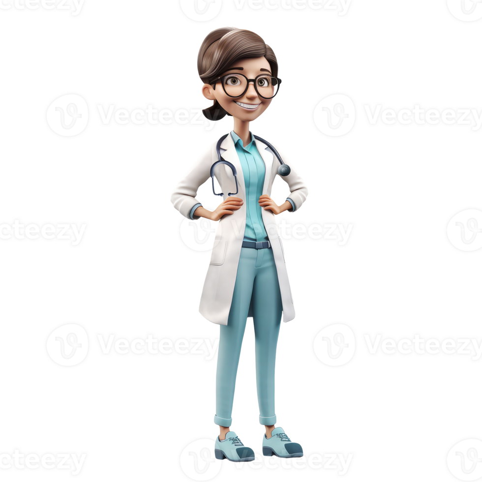 Young smiling woman doctor, medical specialist Medicine concept. Cute 3d icon people character illustration. Cartoon minimal style on isolated transparent background png. Generative ai png