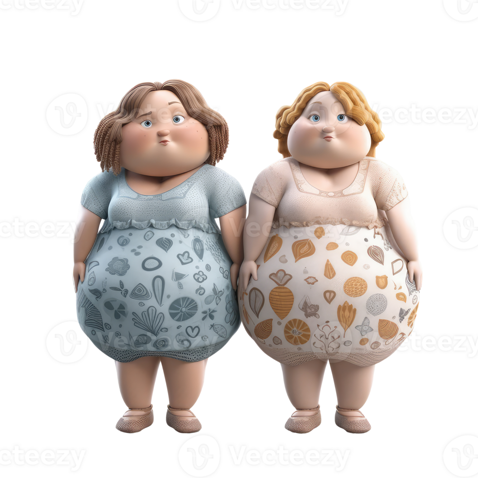 Cute 3d icon Fat two woman character illustration people. Positive body plus size Cartoon minimal style on isolated transparent background png. Generative ai png