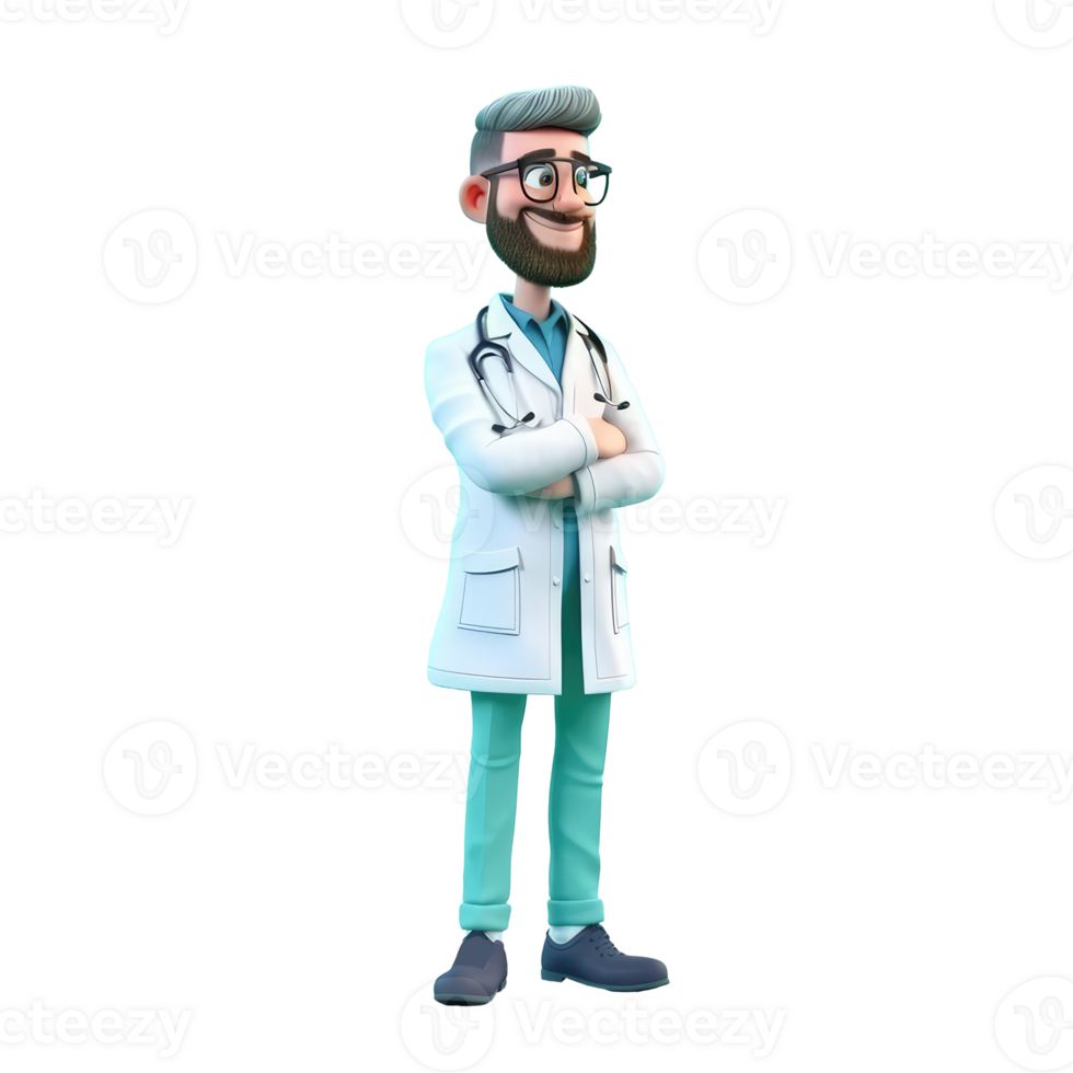 Young smiling old man doctor, medical specialist Medicine concept. Cute 3d icon people character illustration. Cartoon minimal style on isolated transparent background png. Generative ai png