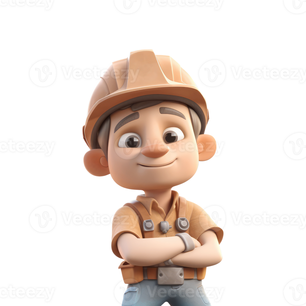 cute icon 3D Builder plumber man or engineer standing in professional uniform, helmet and dungarees. Repair service, laborer or constructor work Cartoon minimal style on transparent png. Generative ai png